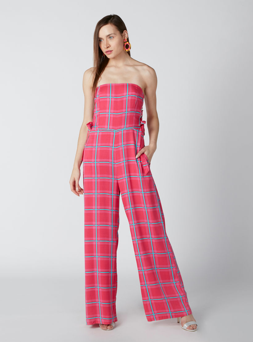 أفرول كاروهات مكشوف الأكتاف برباط وجيوب-women-clothing-jumpsuits-image-4