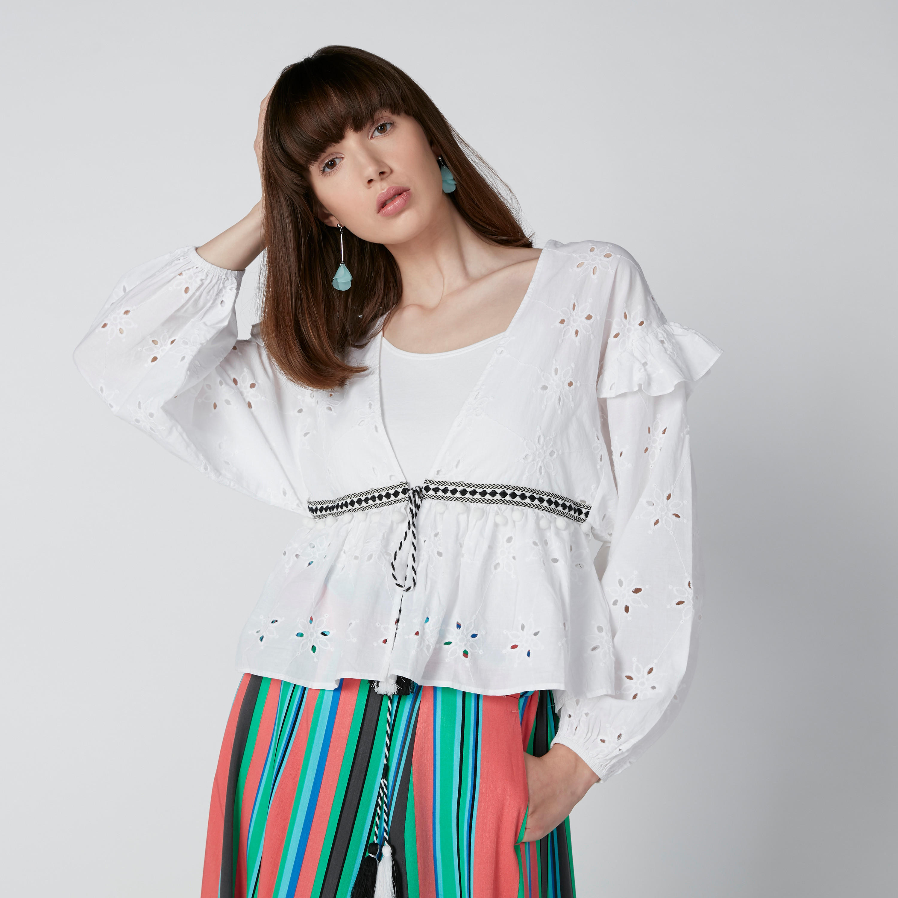 بلوزة بتفاصيل شيفلي ورباط-women-clothing-shirtsandblouses-blouses-image-1
