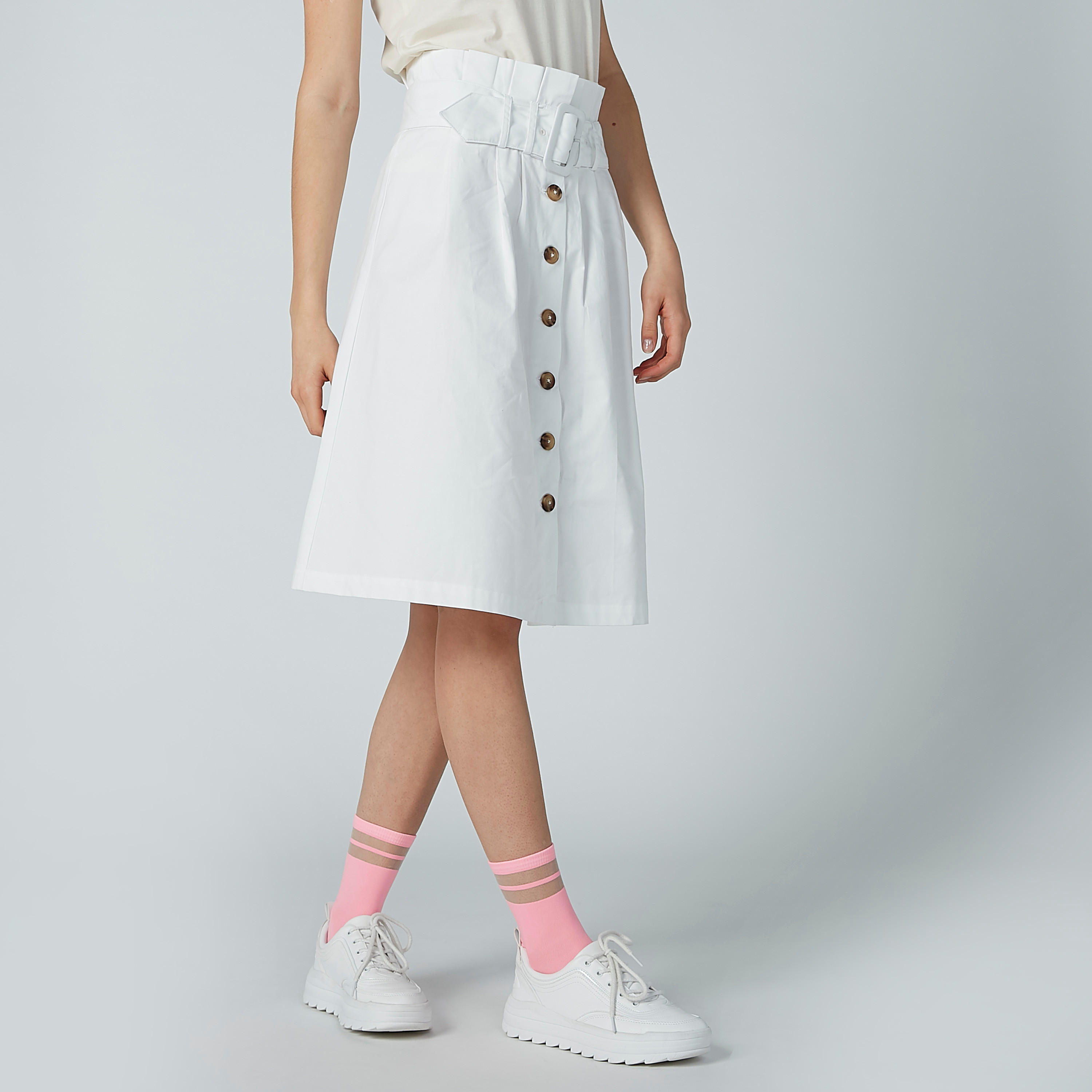 تنورة سادة إيه لاين متوسطة الطول بأزرار وخصر بيبرباج-women-clothing-bottoms-skirts-image-2