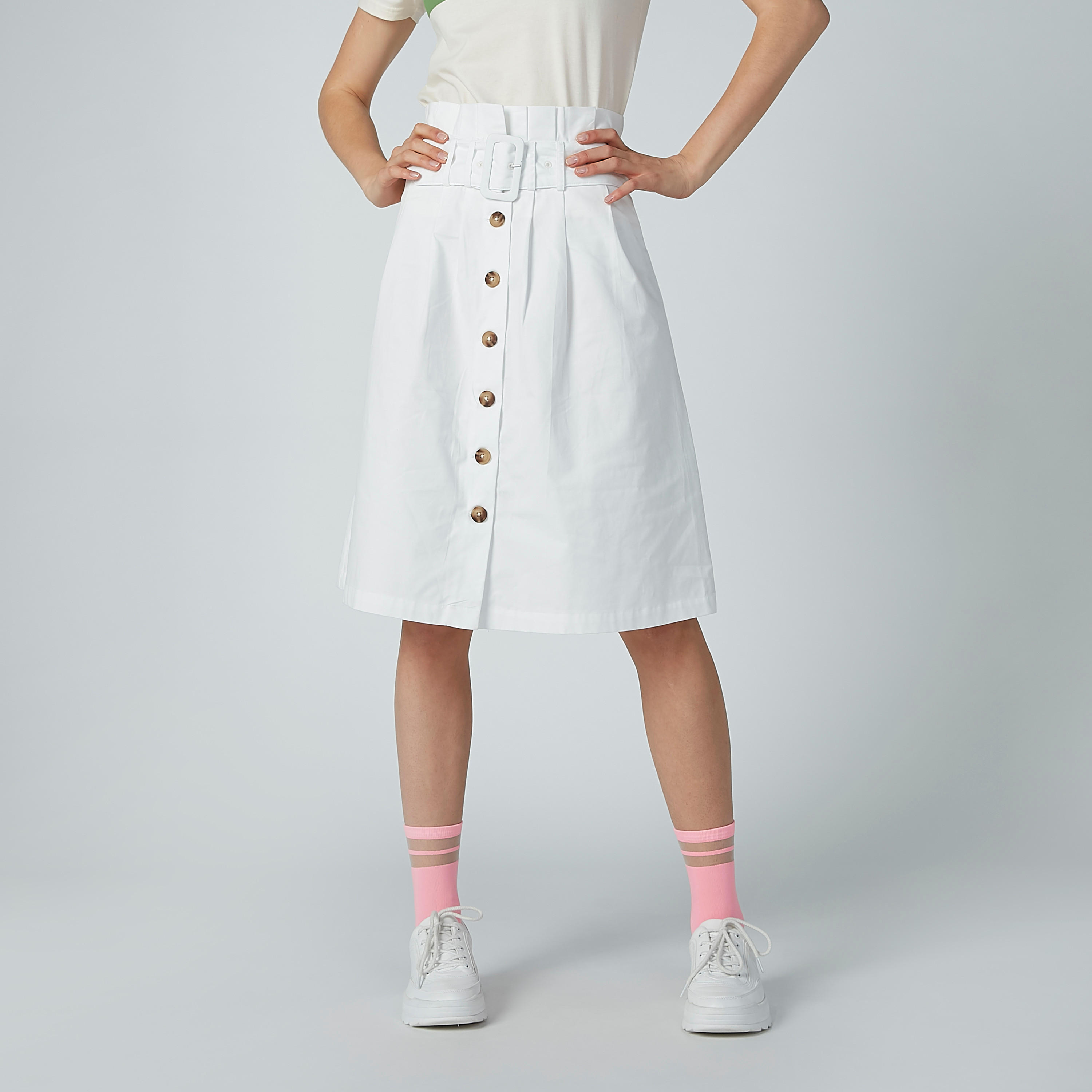 تنورة سادة إيه لاين متوسطة الطول بأزرار وخصر بيبرباج-women-clothing-bottoms-skirts-image-3