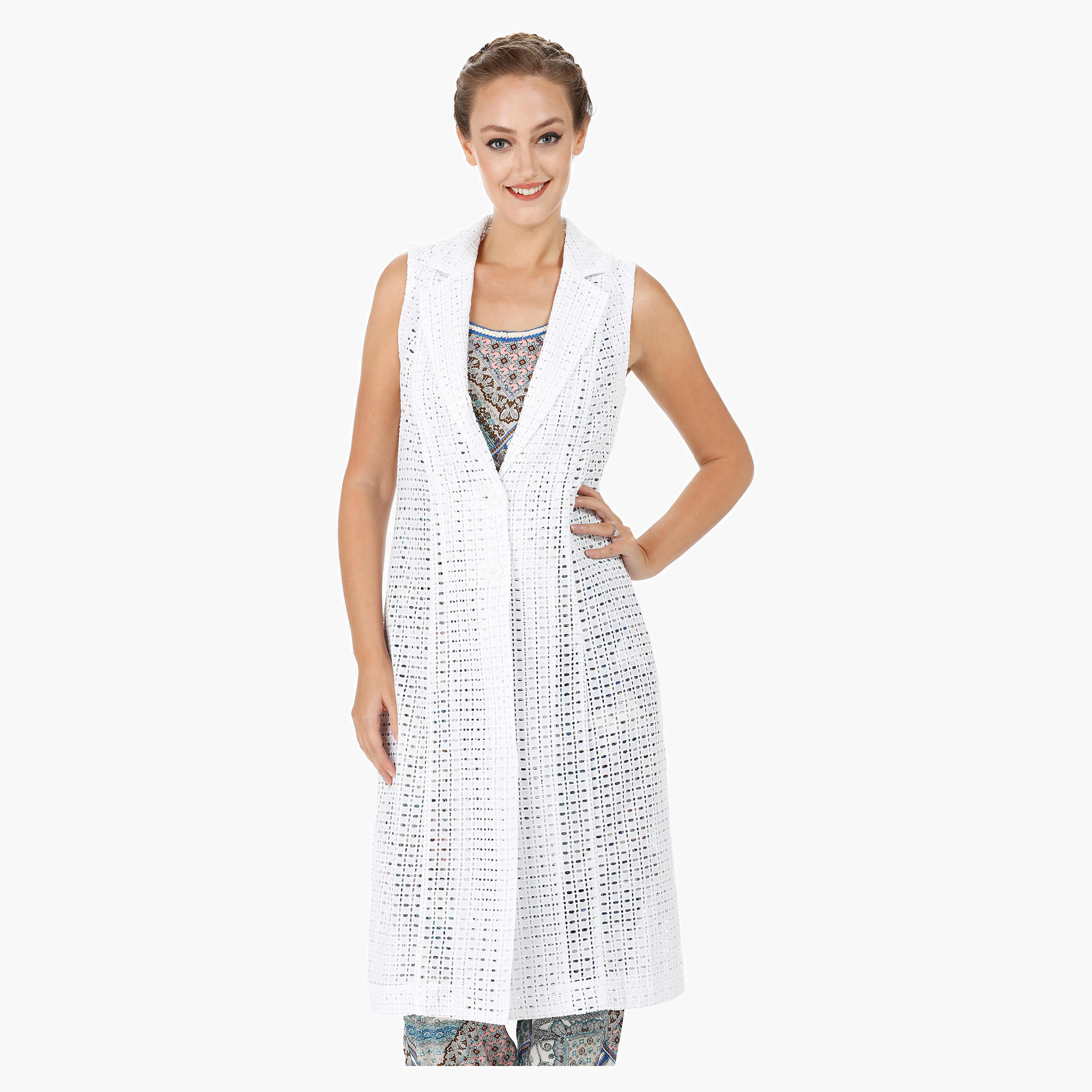 Sleeveless Long Jacket with Schiffli Work-women-clothing-cardigansandjumpers-jumpers-image-1