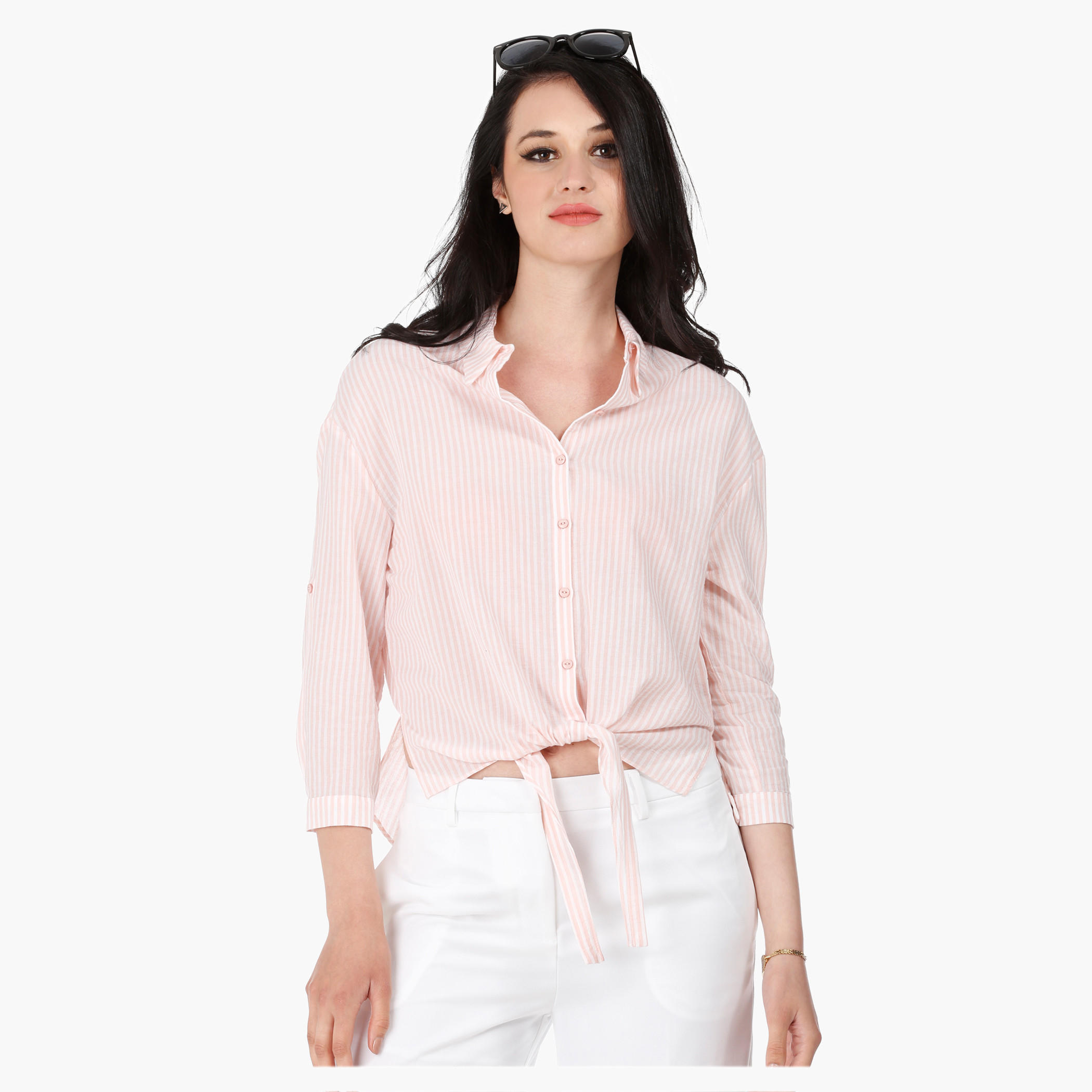 Tie-Up Cotton Shirt with 3/4 Sleeves in Regular Fit-women-clothing-shirtsandblouses-blouses-image-1