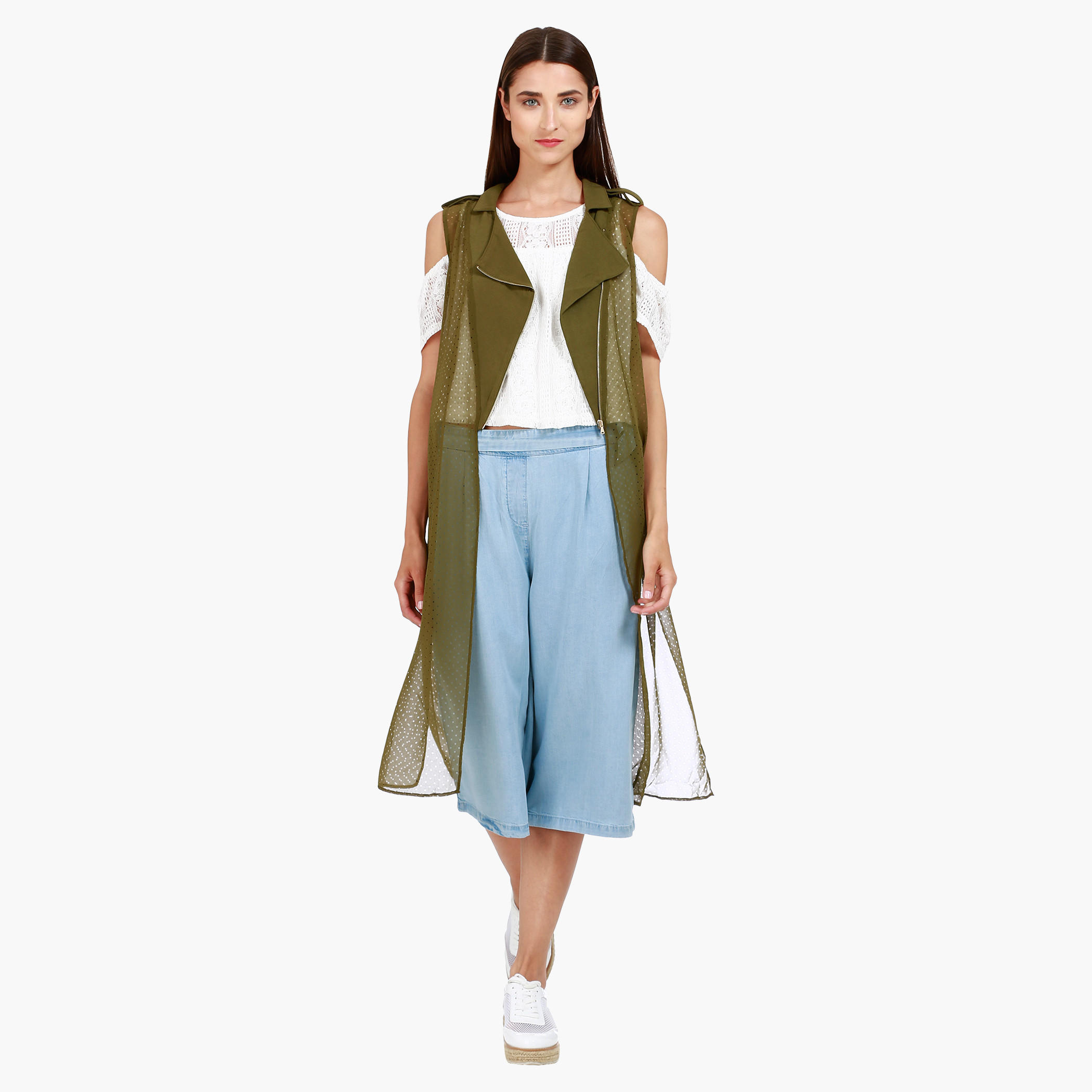 Sleeveless Perforated Longline Jacket with Notched Lapel in Regular Fit-women-clothing-shirtsandblouses-blouses-image-1