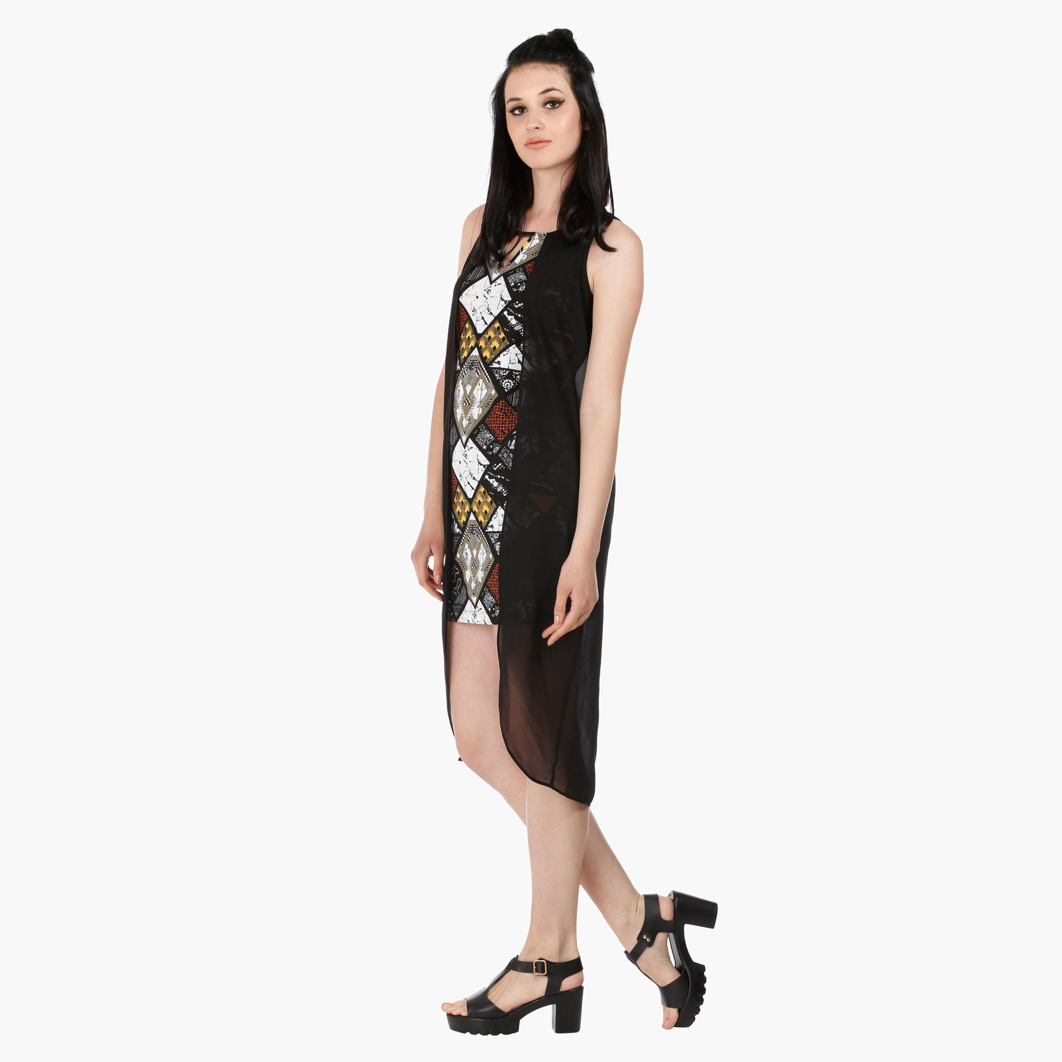 Sleeveless Printed Bodycon Dress with Sheer Cape in Regular Fit-women-clothing-dresses-image-3