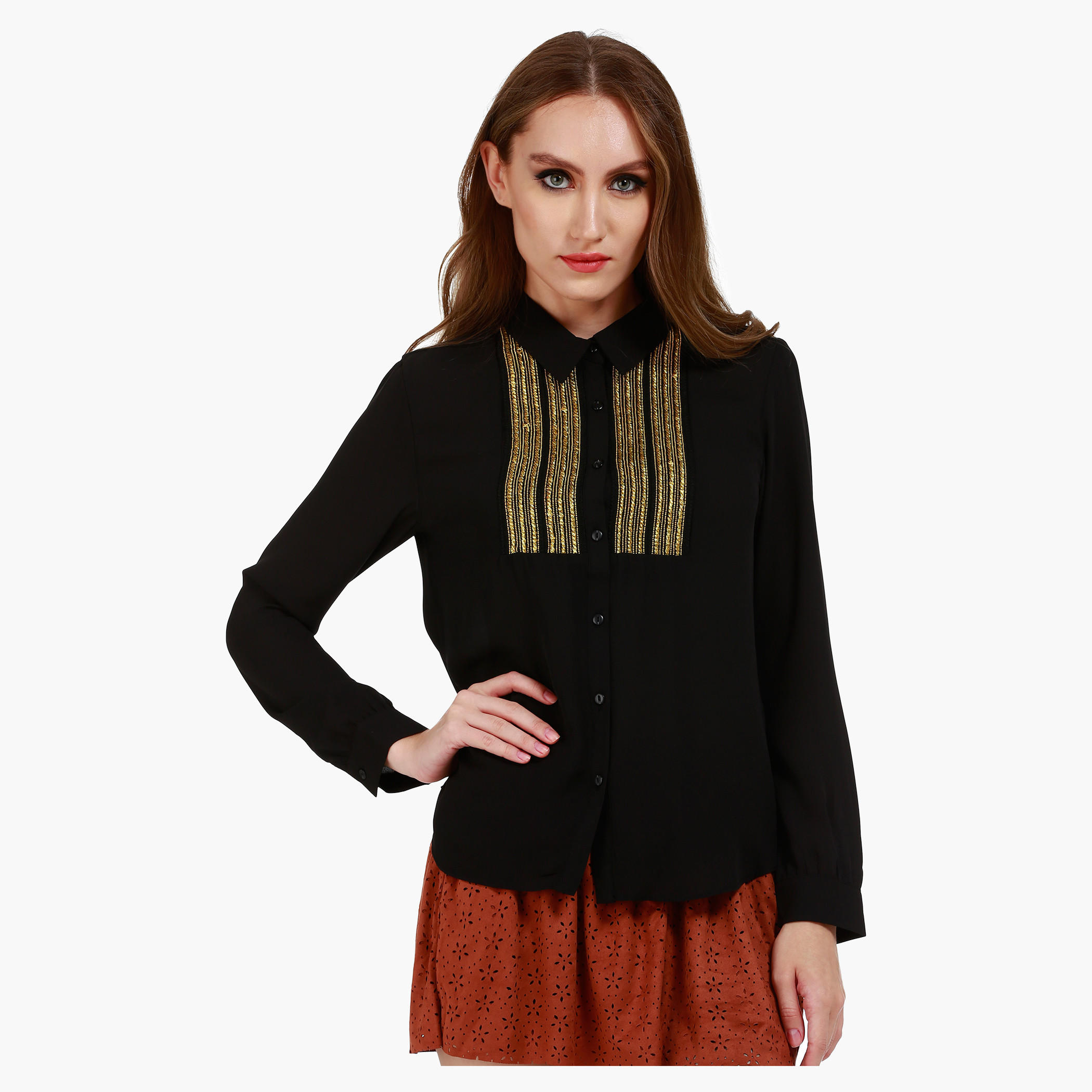 Casual Shirt with Long Sleeves and Chain Bib in Regular Fit-women-clothing-shirtsandblouses-blouses-image-1