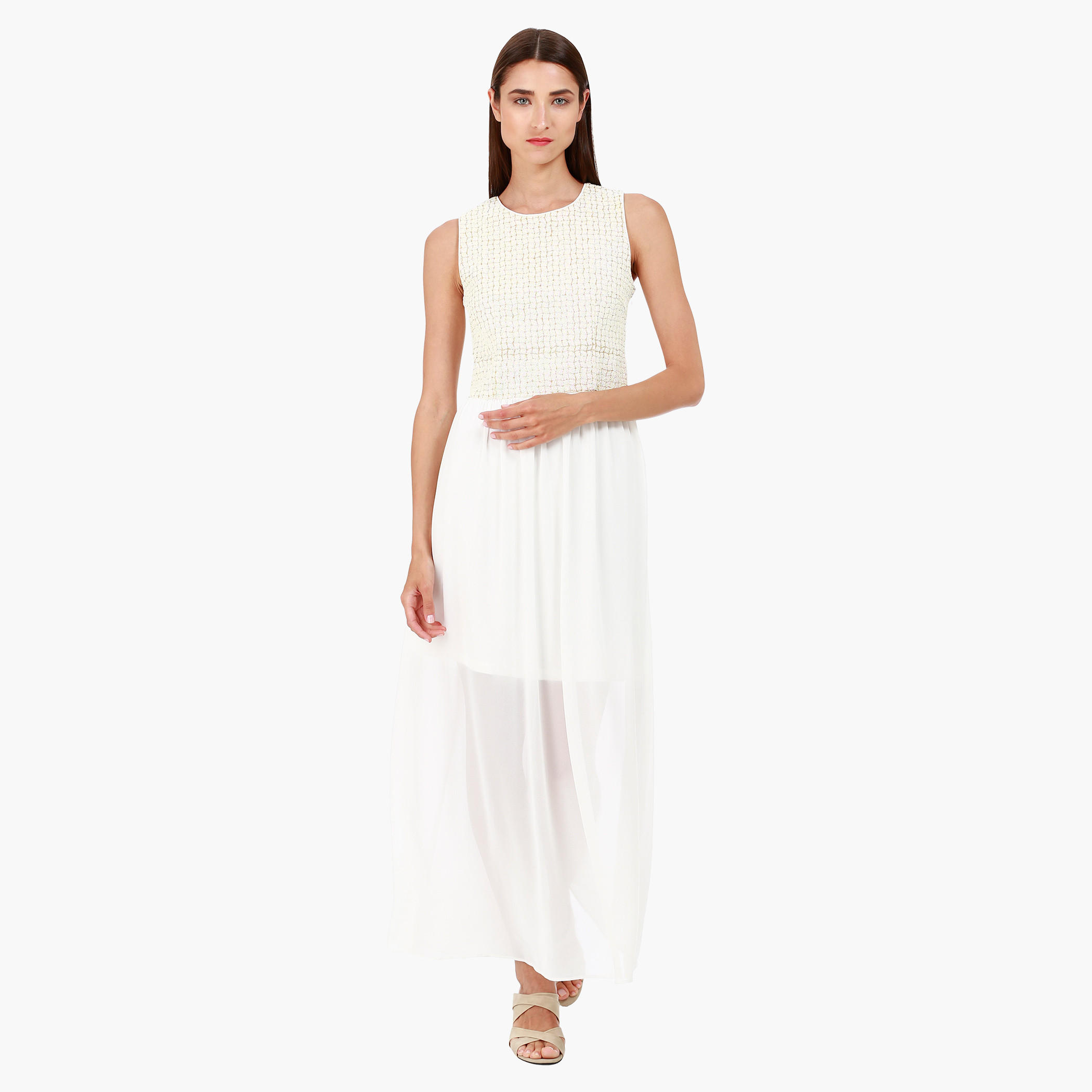 Sleeveless Chiffon Maxi Dress with Crew Neck and Embellishments in Regular Fit-women-clothing-dresses-image-1