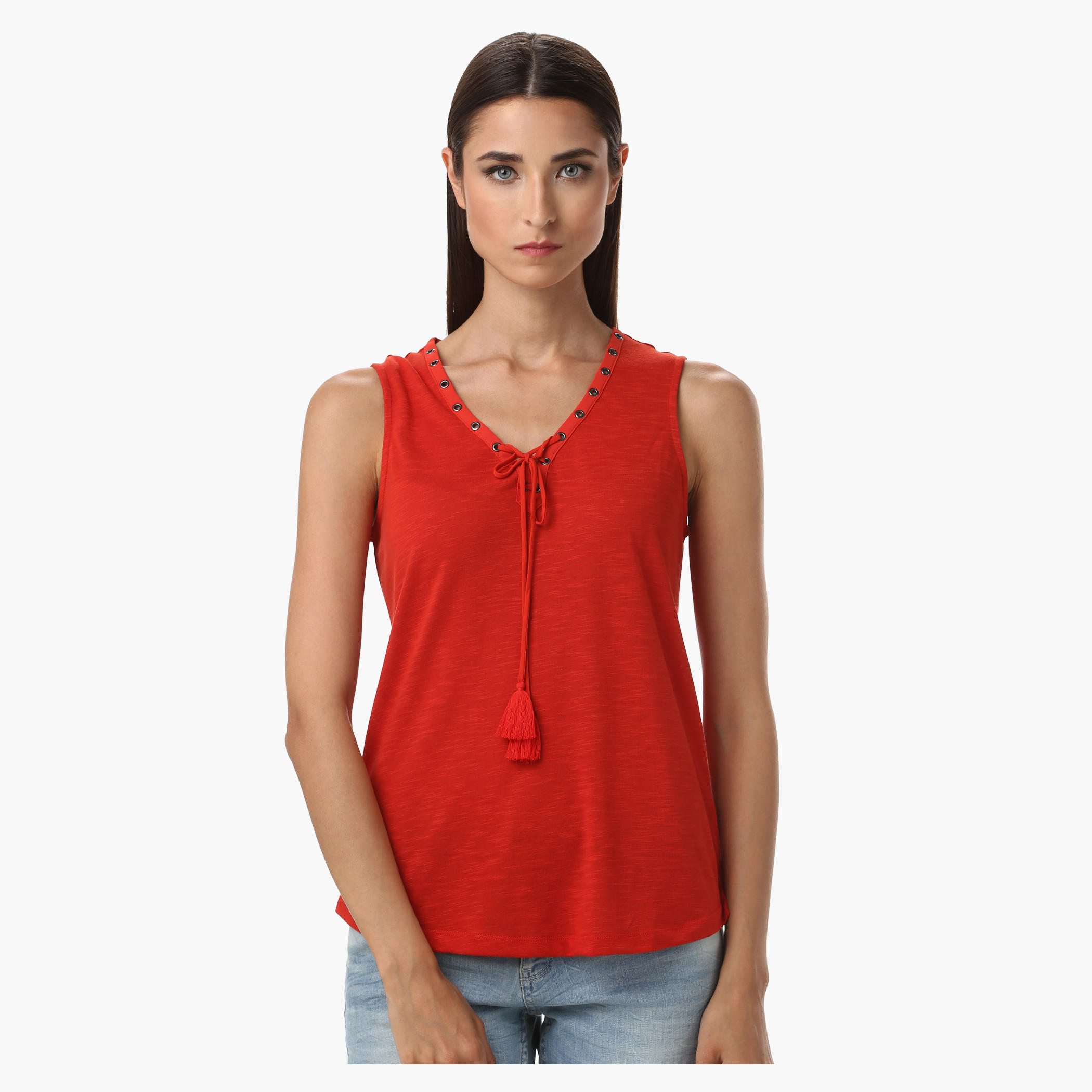 V-Neck Tank Top with Tie-Up Front-women-clothing-tshirts-image-1