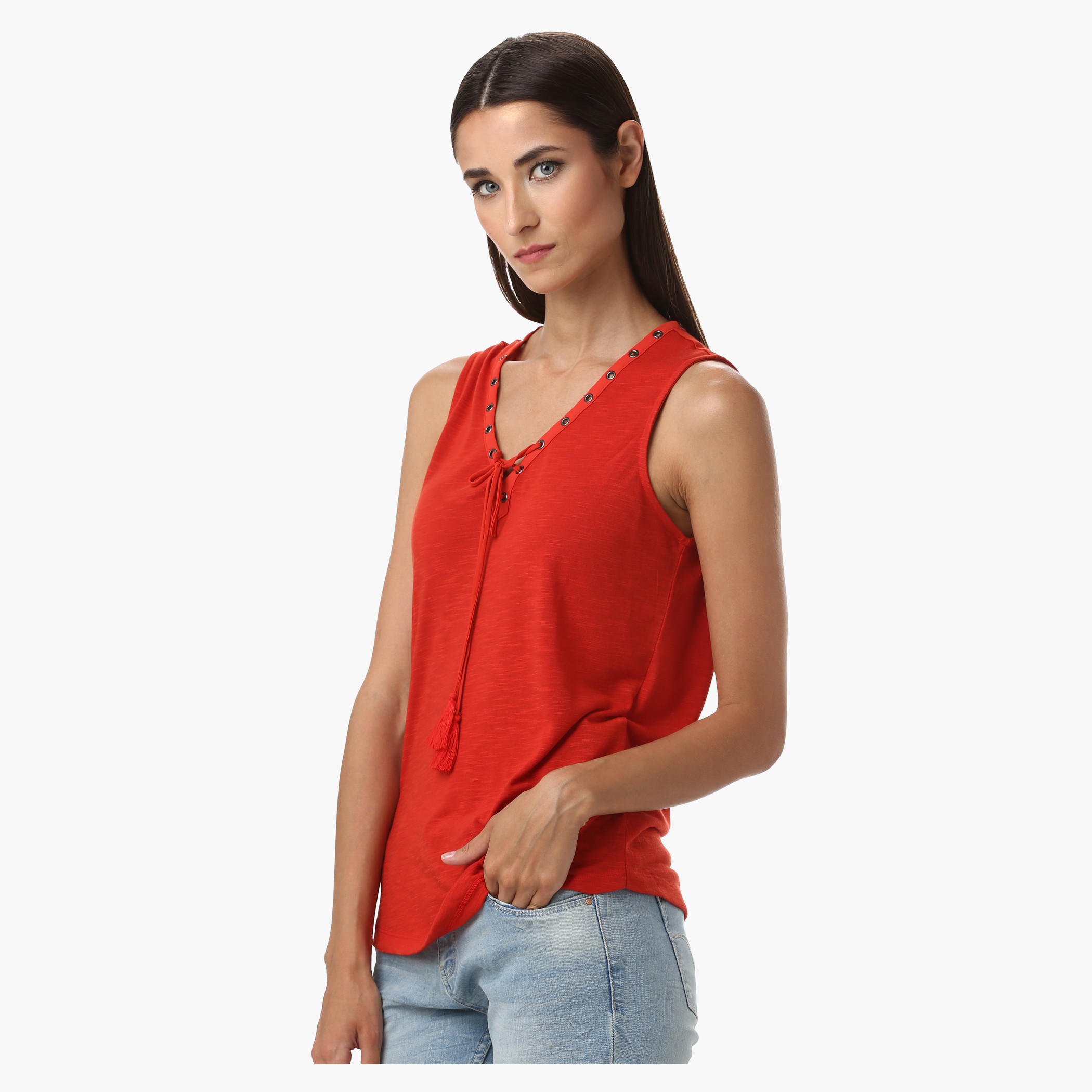 V-Neck Tank Top with Tie-Up Front-women-clothing-tshirts-image-3