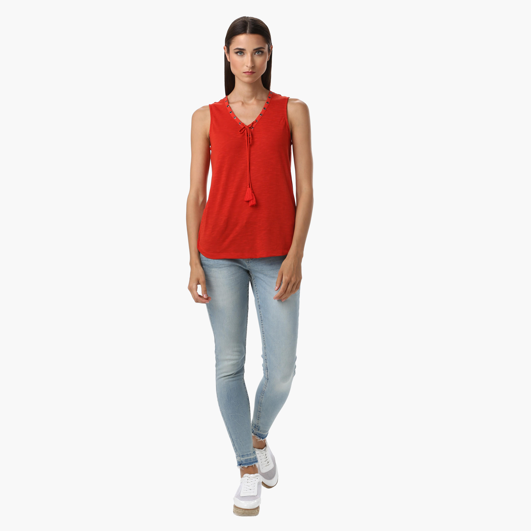 V-Neck Tank Top with Tie-Up Front-women-clothing-tshirts-image-1
