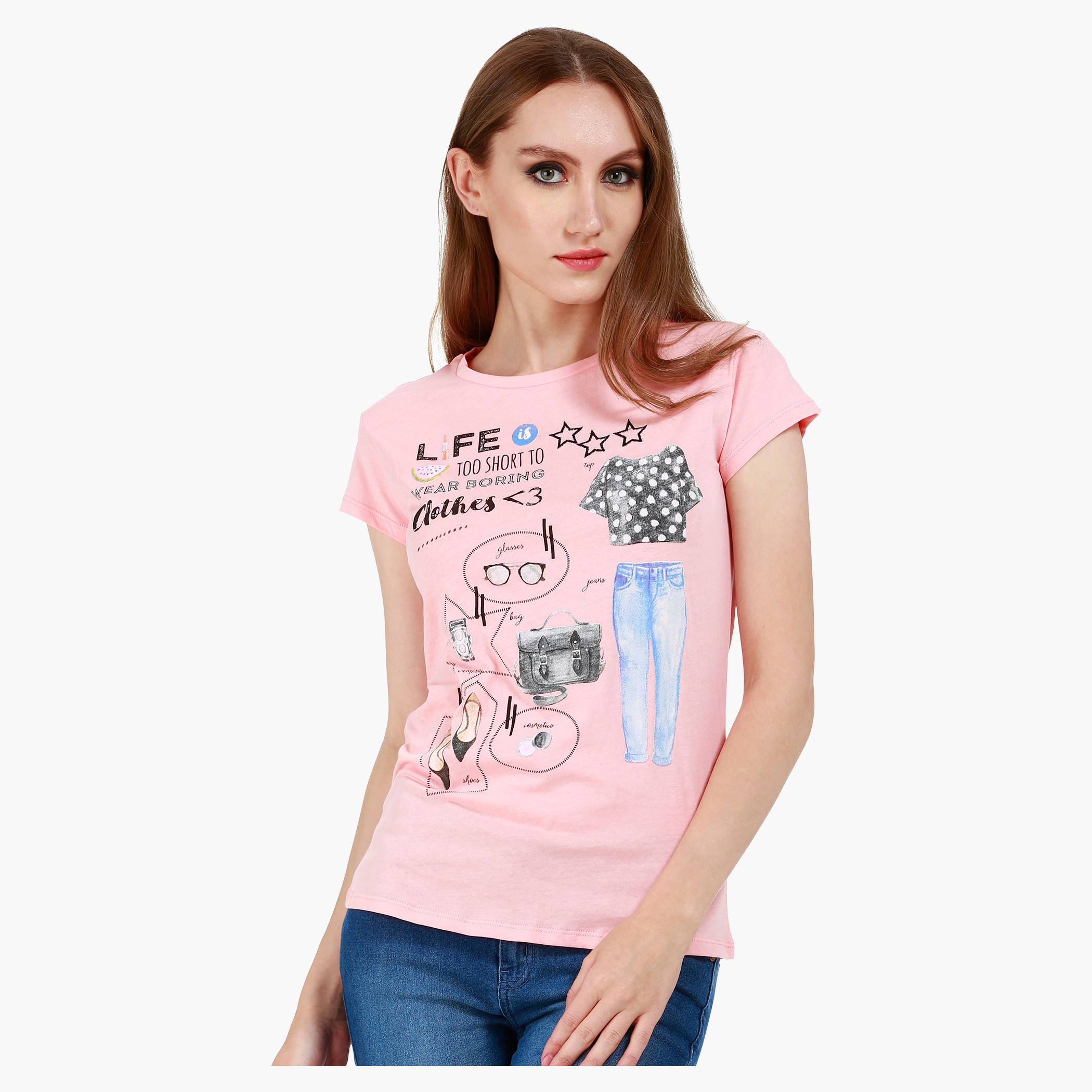 Graphic Print Cotton T-Shirt with Round Neck and Cap Sleeves-women-clothing-tshirts-image-1