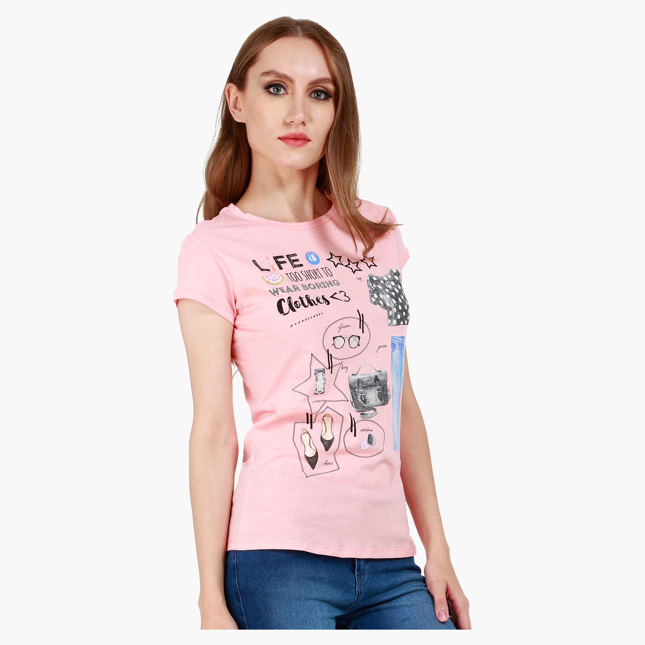 Graphic Print Cotton T-Shirt with Round Neck and Cap Sleeves-women-clothing-tshirts-image-3