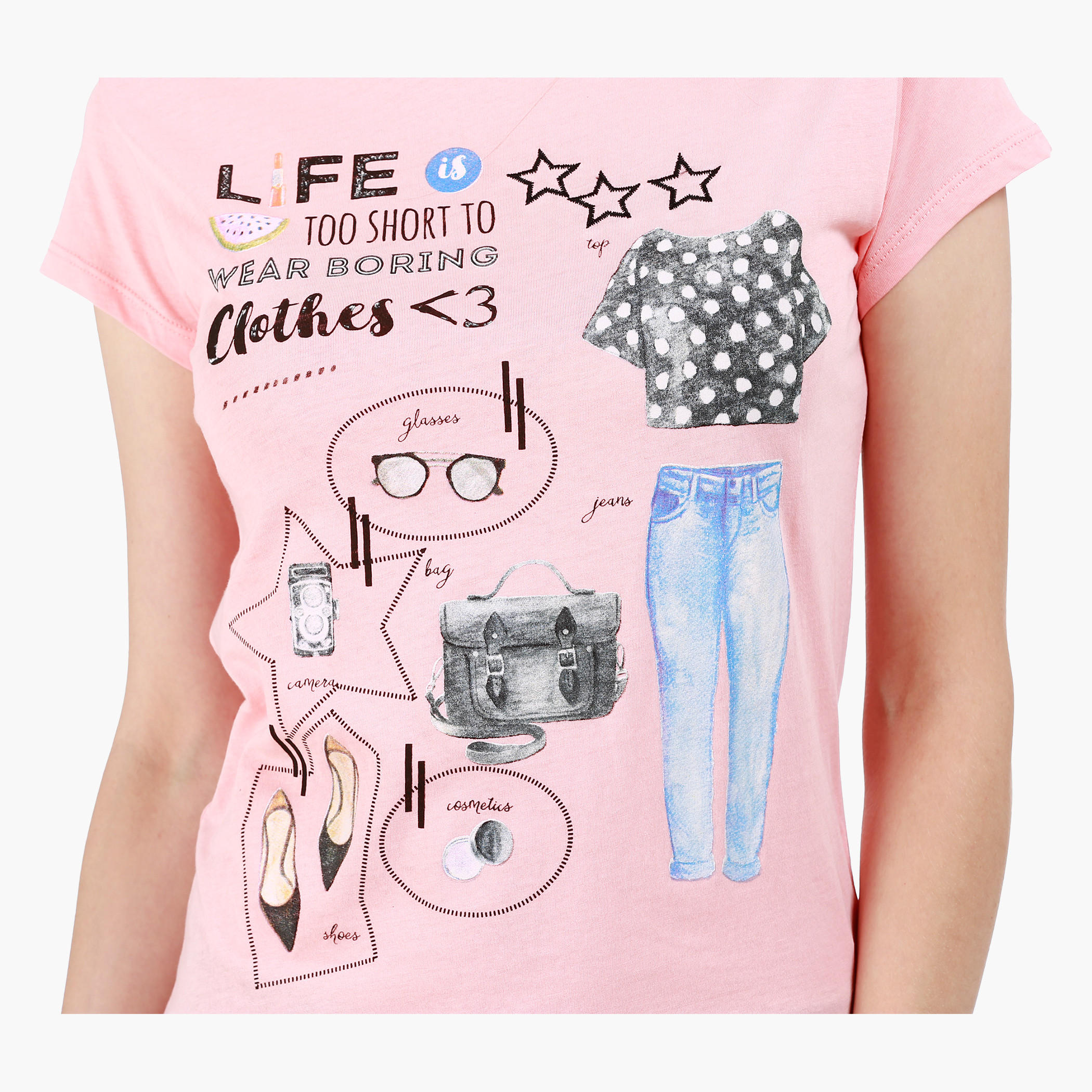 Graphic Print Cotton T-Shirt with Round Neck and Cap Sleeves-women-clothing-tshirts-image-4
