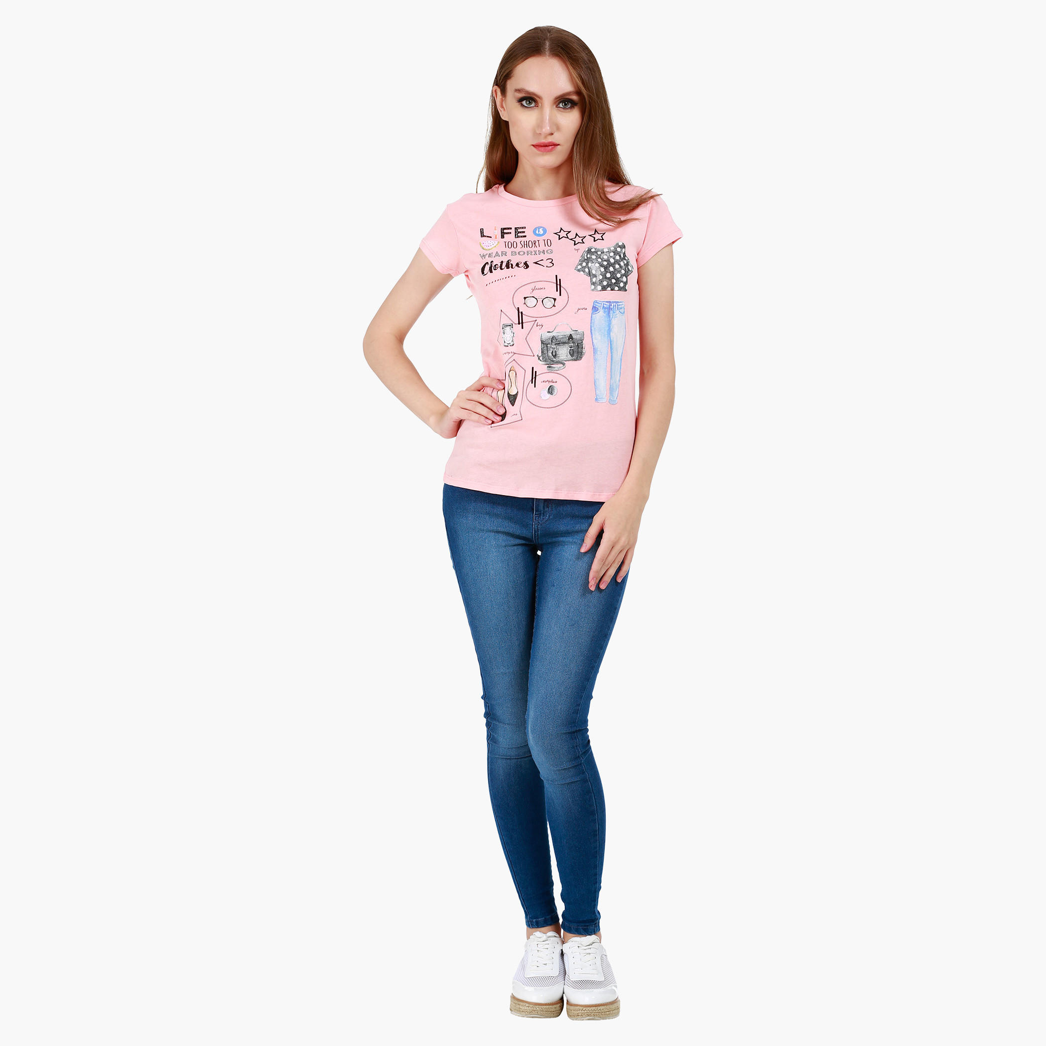 Graphic Print Cotton T-Shirt with Round Neck and Cap Sleeves-women-clothing-tshirts-image-5