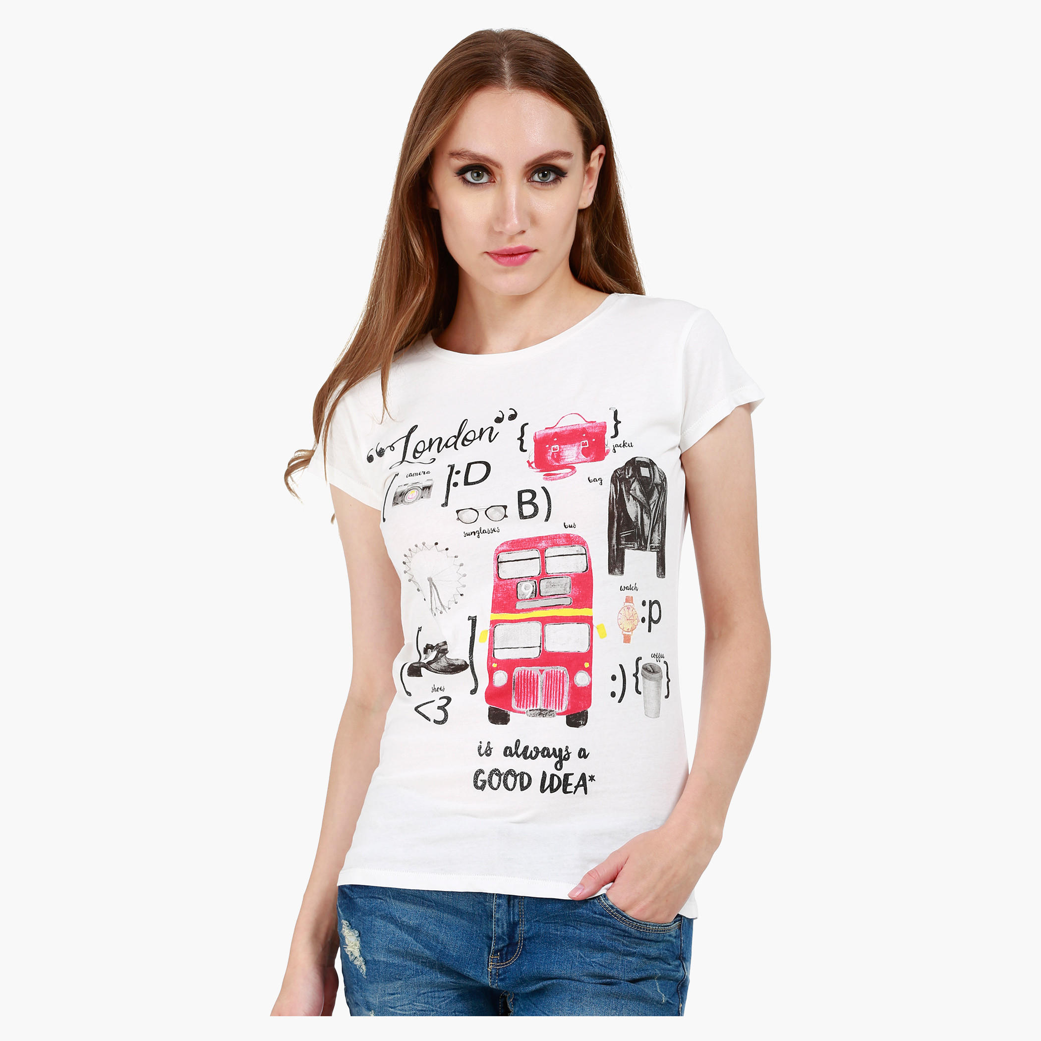 Graphic Print Cotton T-Shirt with Round Neck and Cap Sleeves-women-clothing-tshirts-image-1