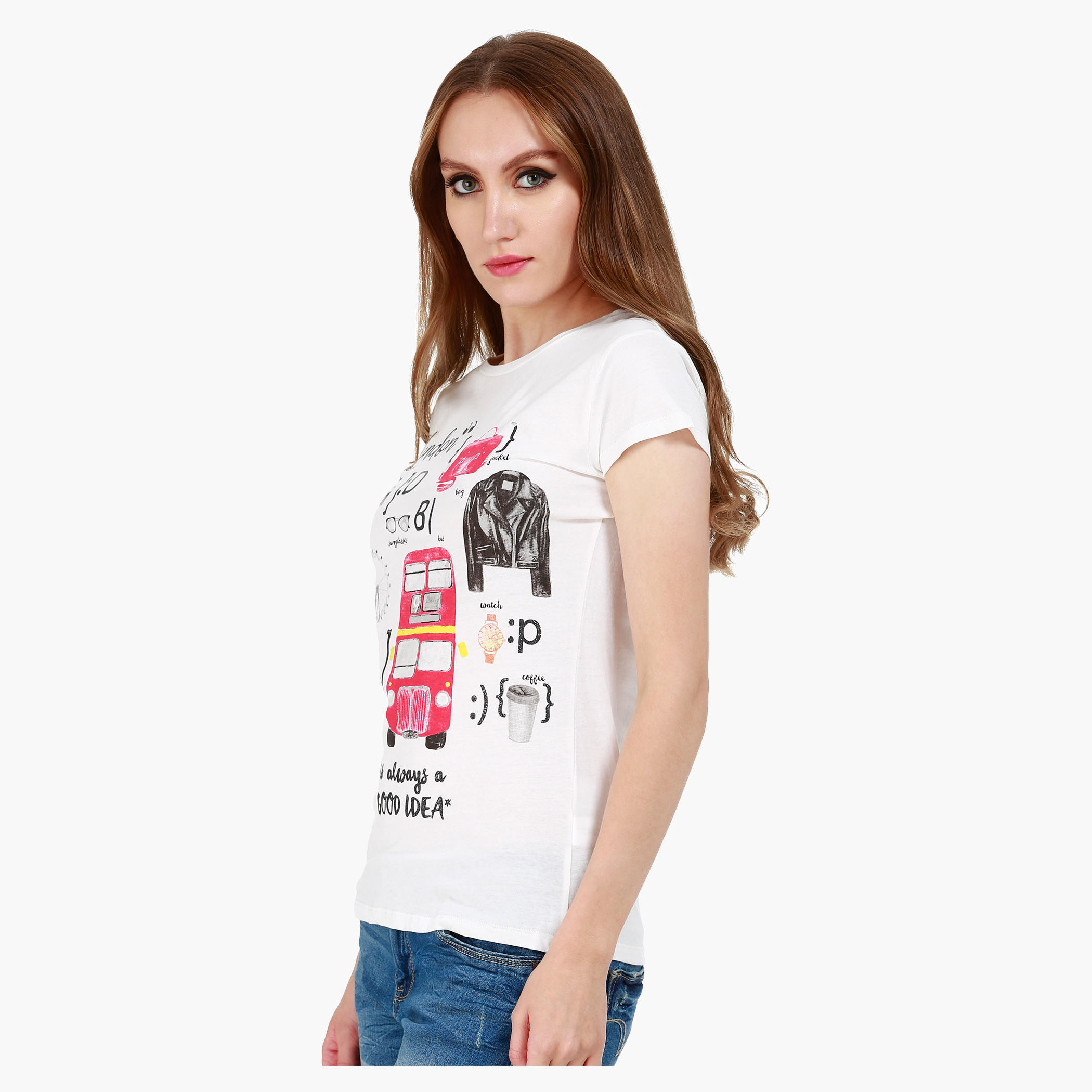 Graphic Print Cotton T-Shirt with Round Neck and Cap Sleeves-women-clothing-tshirts-image-3