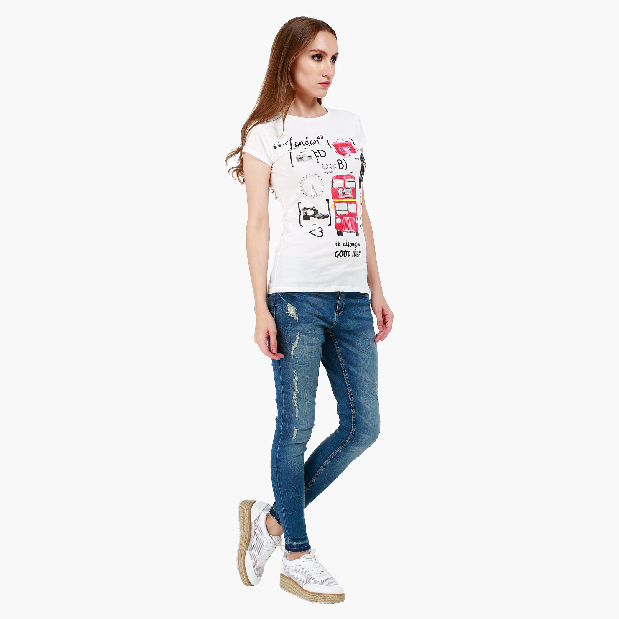 Graphic Print Cotton T-Shirt with Round Neck and Cap Sleeves-women-clothing-tshirts-image-5