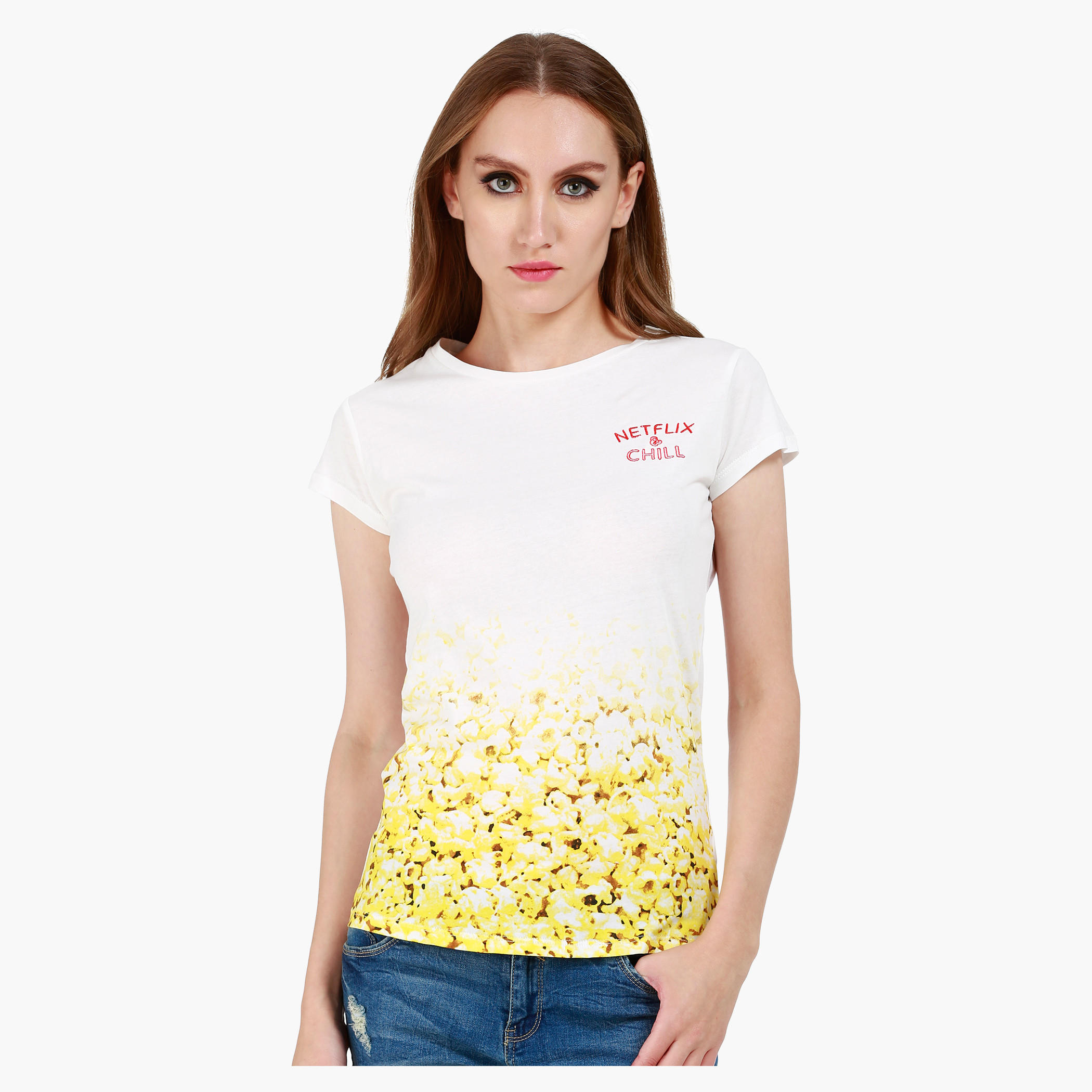 Graphic Print Cotton T-Shirt with Round Neck and Cap Sleeves-women-clothing-tshirts-image-1