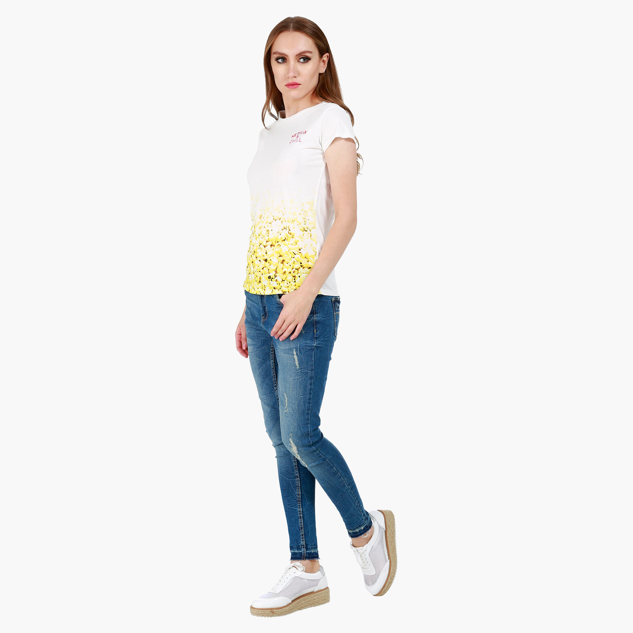 Graphic Print Cotton T-Shirt with Round Neck and Cap Sleeves-women-clothing-tshirts-image-5