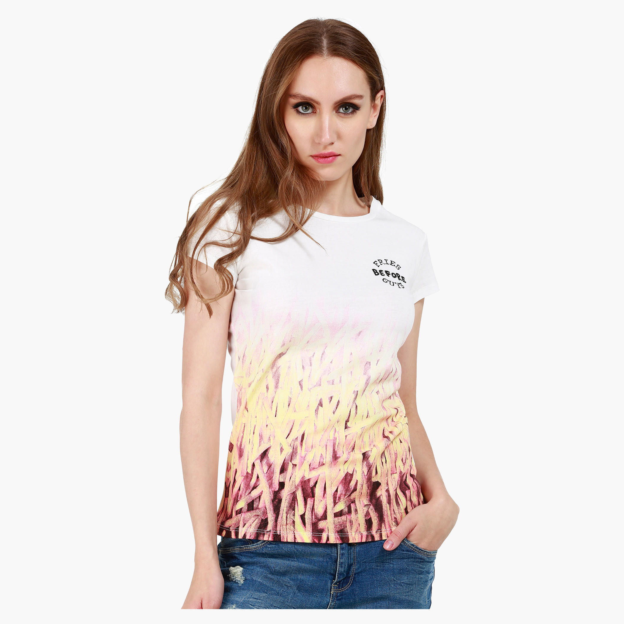 Graphic Print Cotton T-Shirt with Round Neck and Cap Sleeves-women-clothing-tshirts-image-1