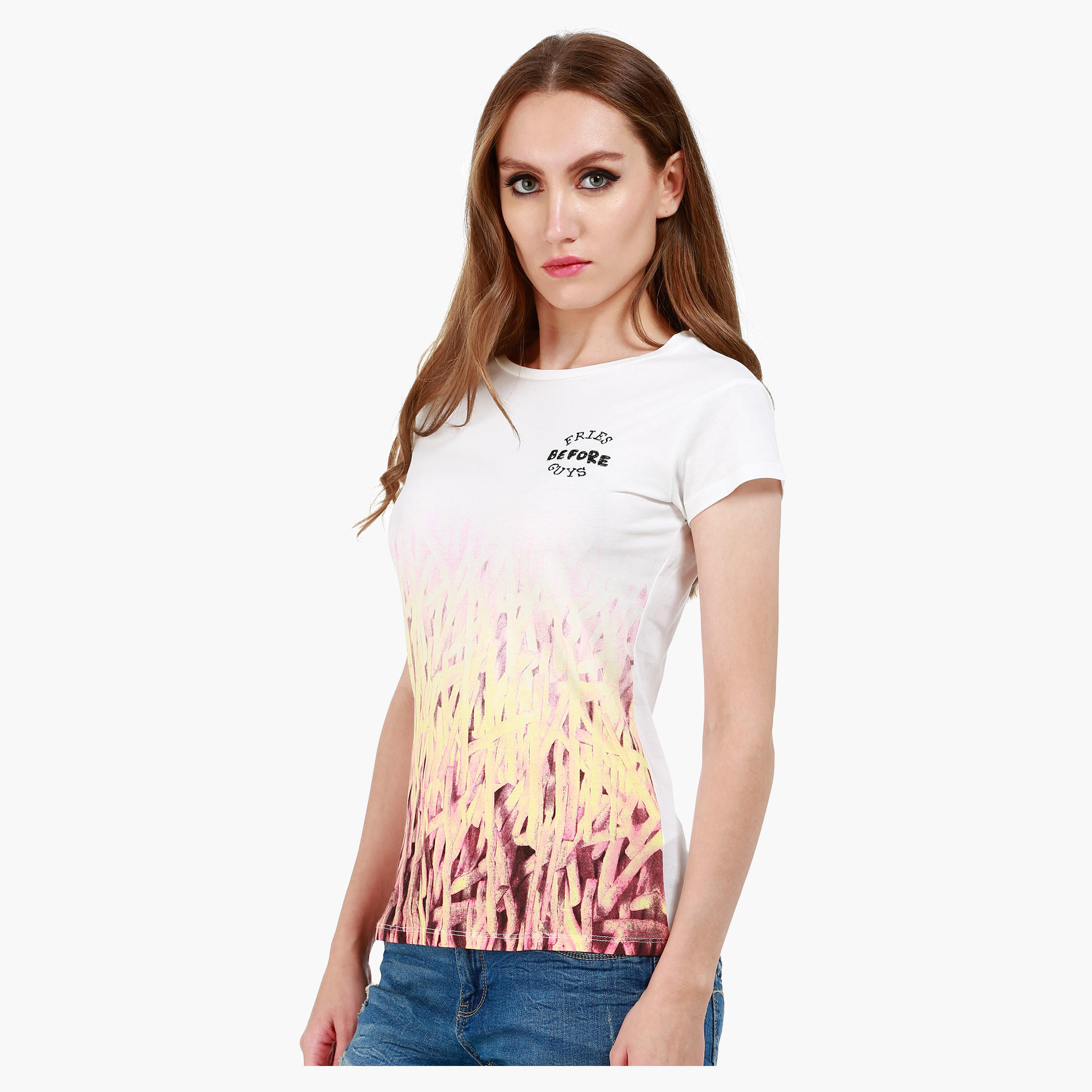 Graphic Print Cotton T-Shirt with Round Neck and Cap Sleeves-women-clothing-tshirts-image-3