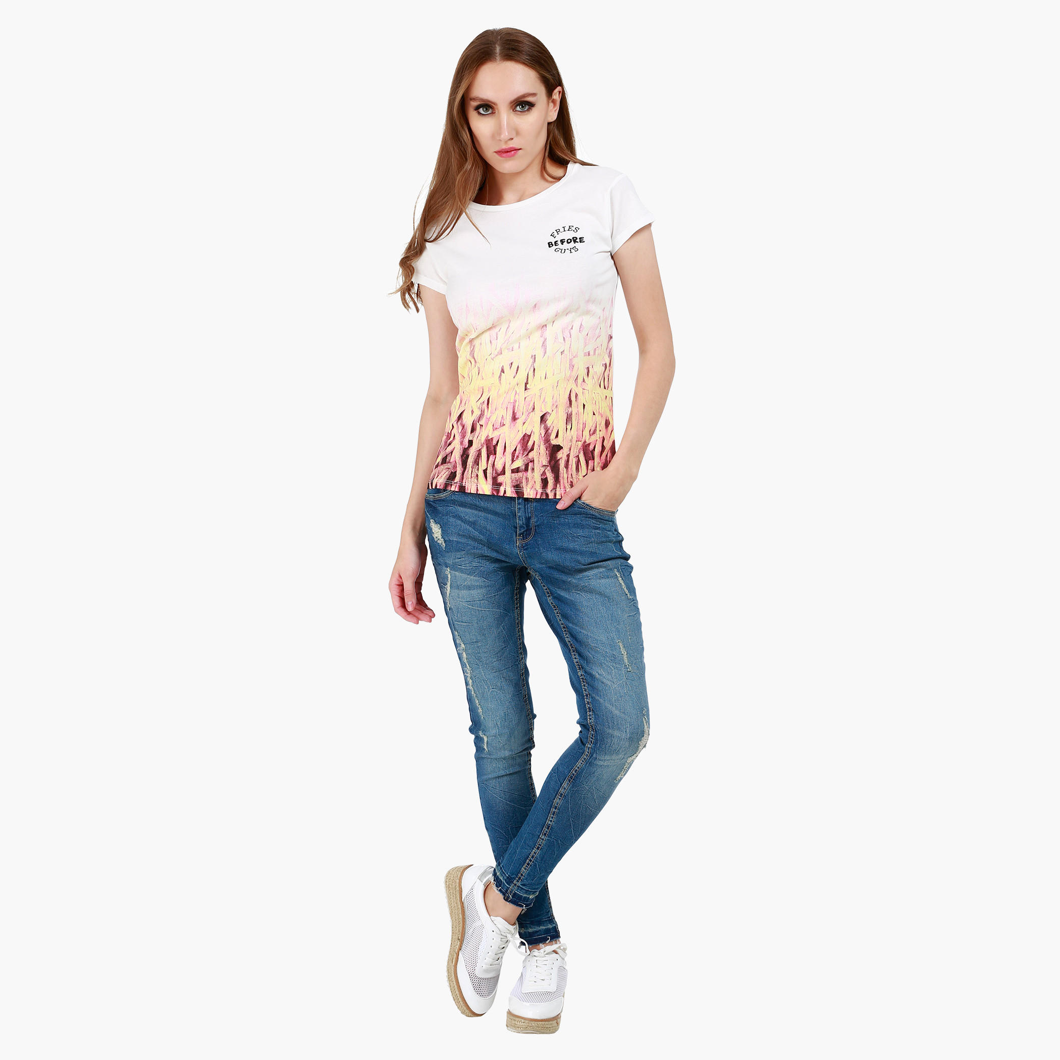 Graphic Print Cotton T-Shirt with Round Neck and Cap Sleeves-women-clothing-tshirts-image-5