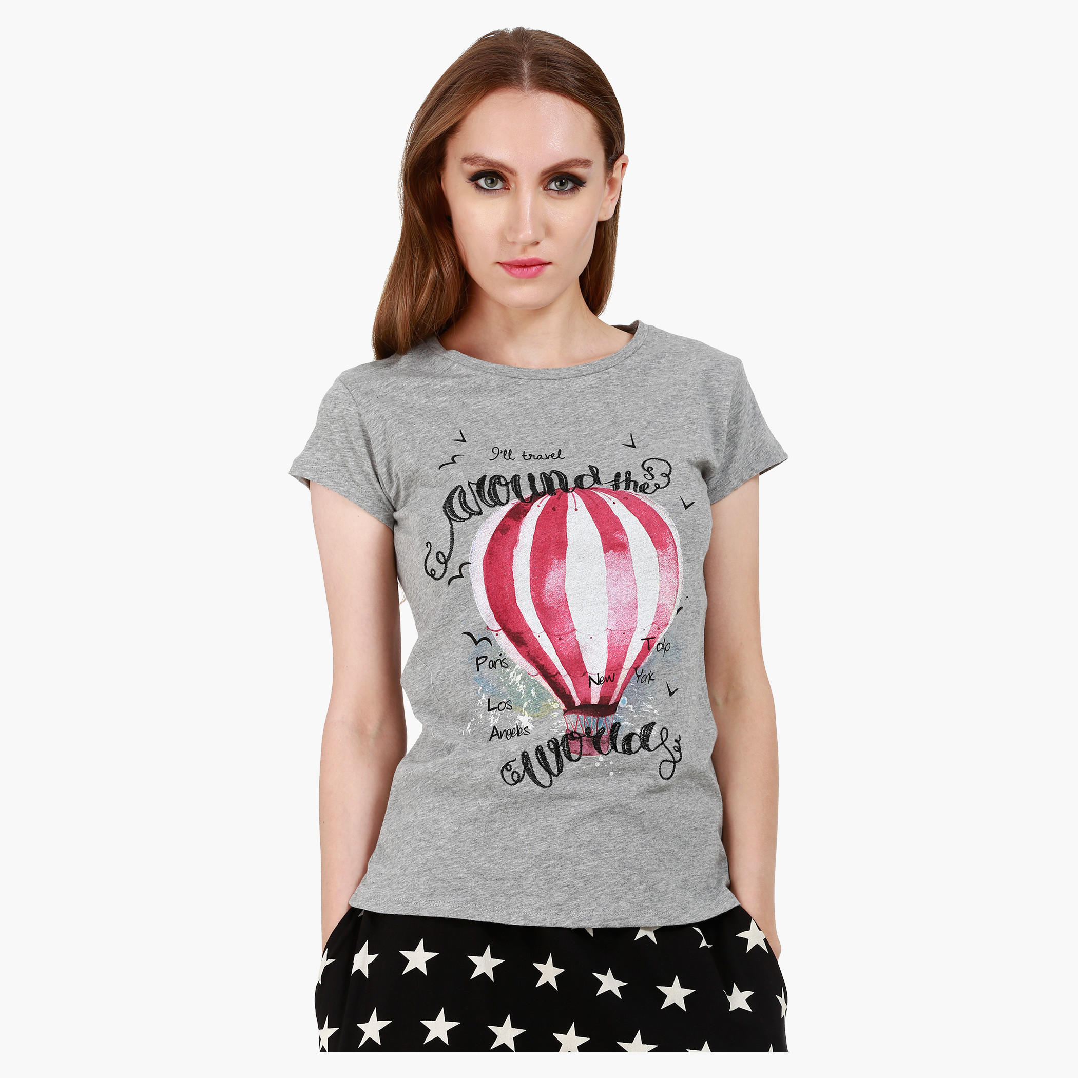 Graphic Print Cotton T-Shirt with Round Neck and Cap Sleeves-women-clothing-tshirts-image-1