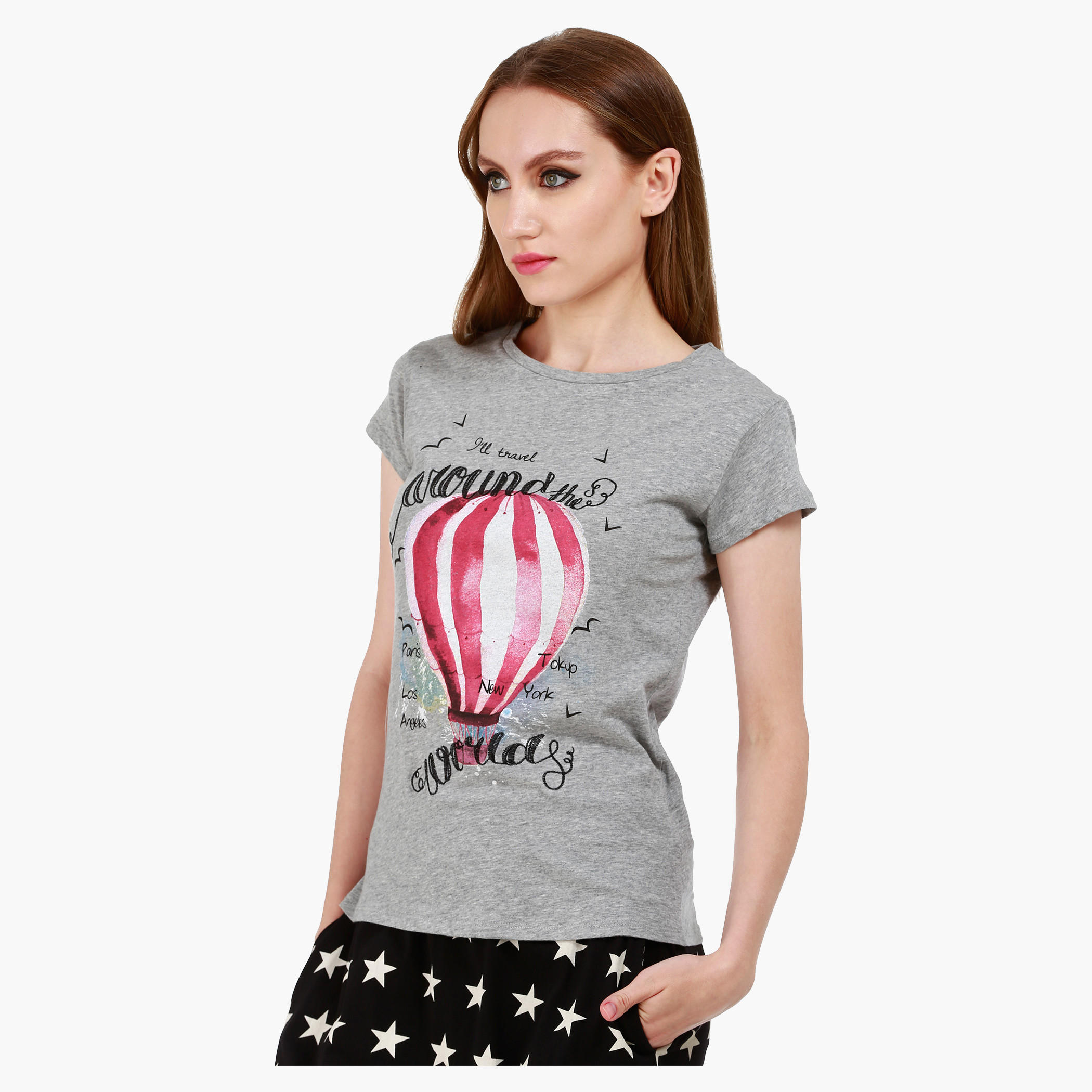 Graphic Print Cotton T-Shirt with Round Neck and Cap Sleeves-women-clothing-tshirts-image-3