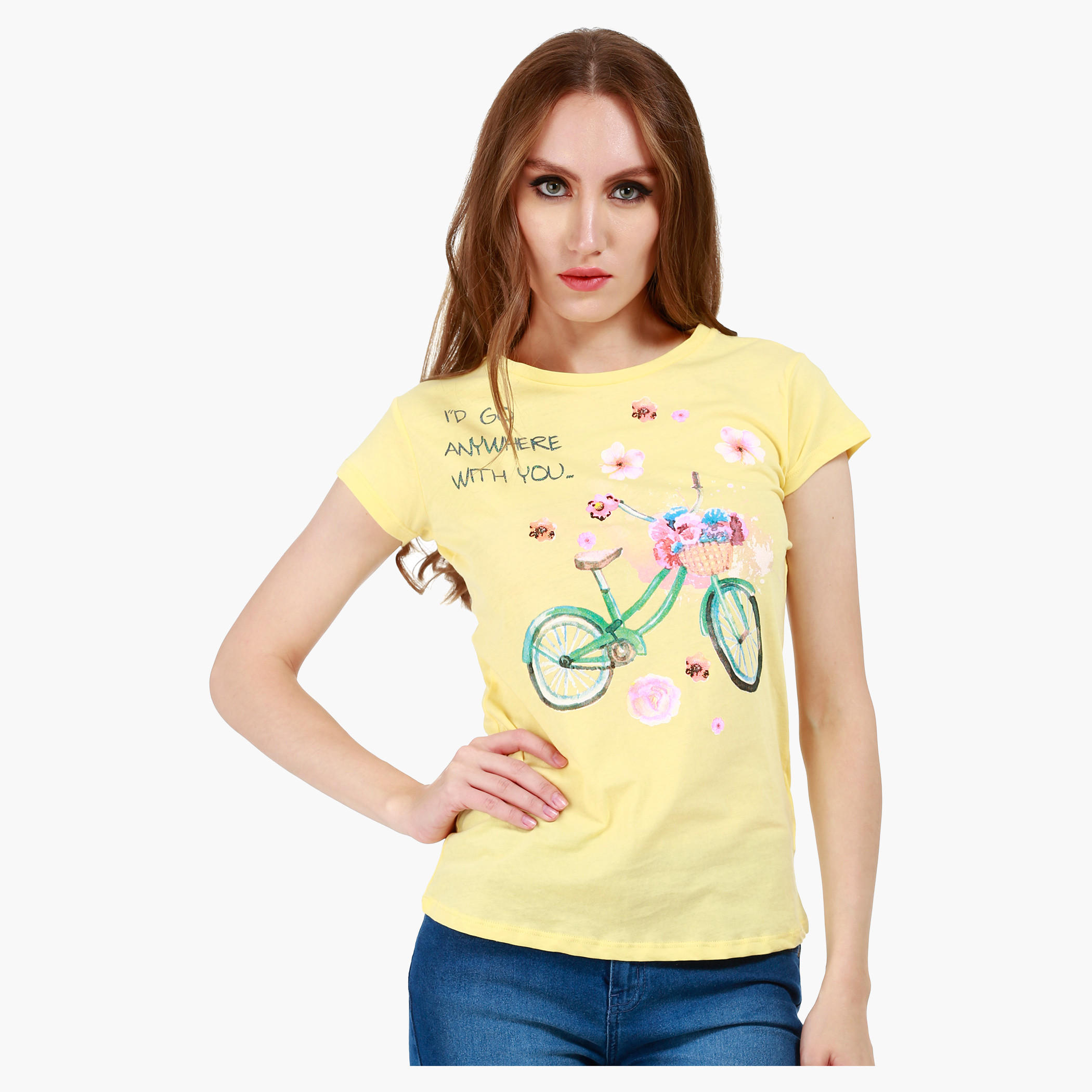 Graphic Print Cotton T-Shirt with Round Neck and Cap Sleeves-women-clothing-tshirts-image-1