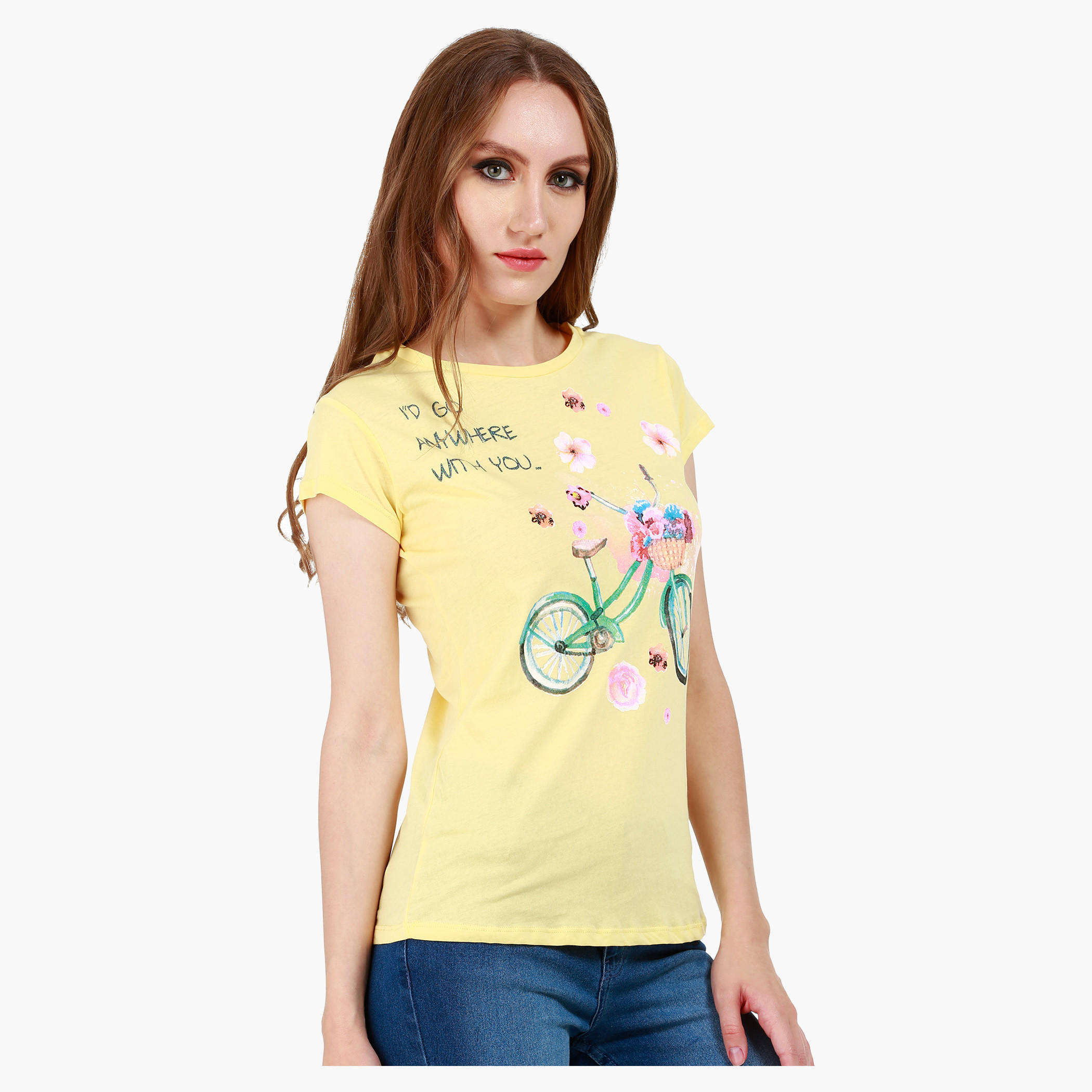 Graphic Print Cotton T-Shirt with Round Neck and Cap Sleeves-women-clothing-tshirts-image-3