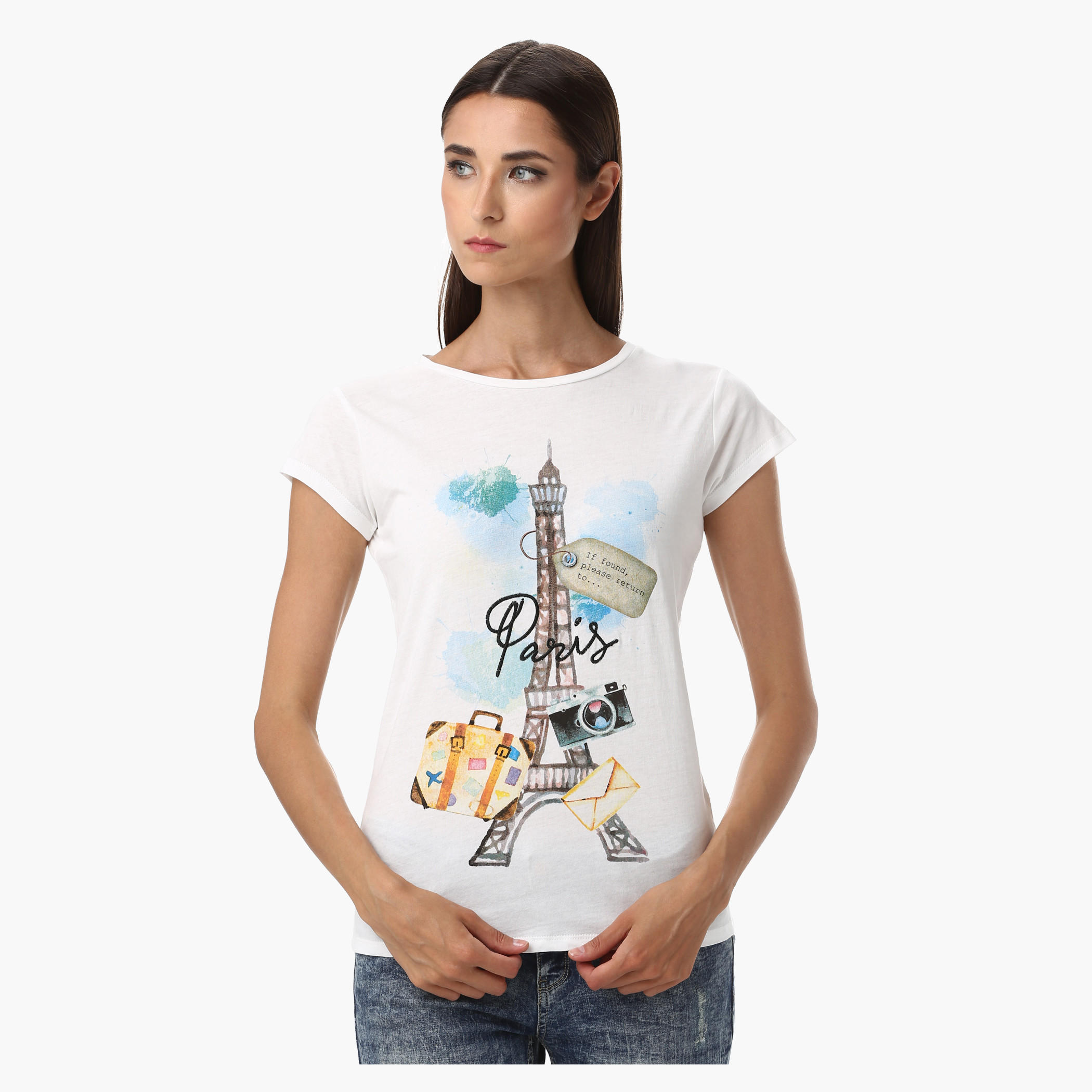 Printed Cotton T-Shirt with Round Neck and Cap Sleeves-women-clothing-tshirts-image-1