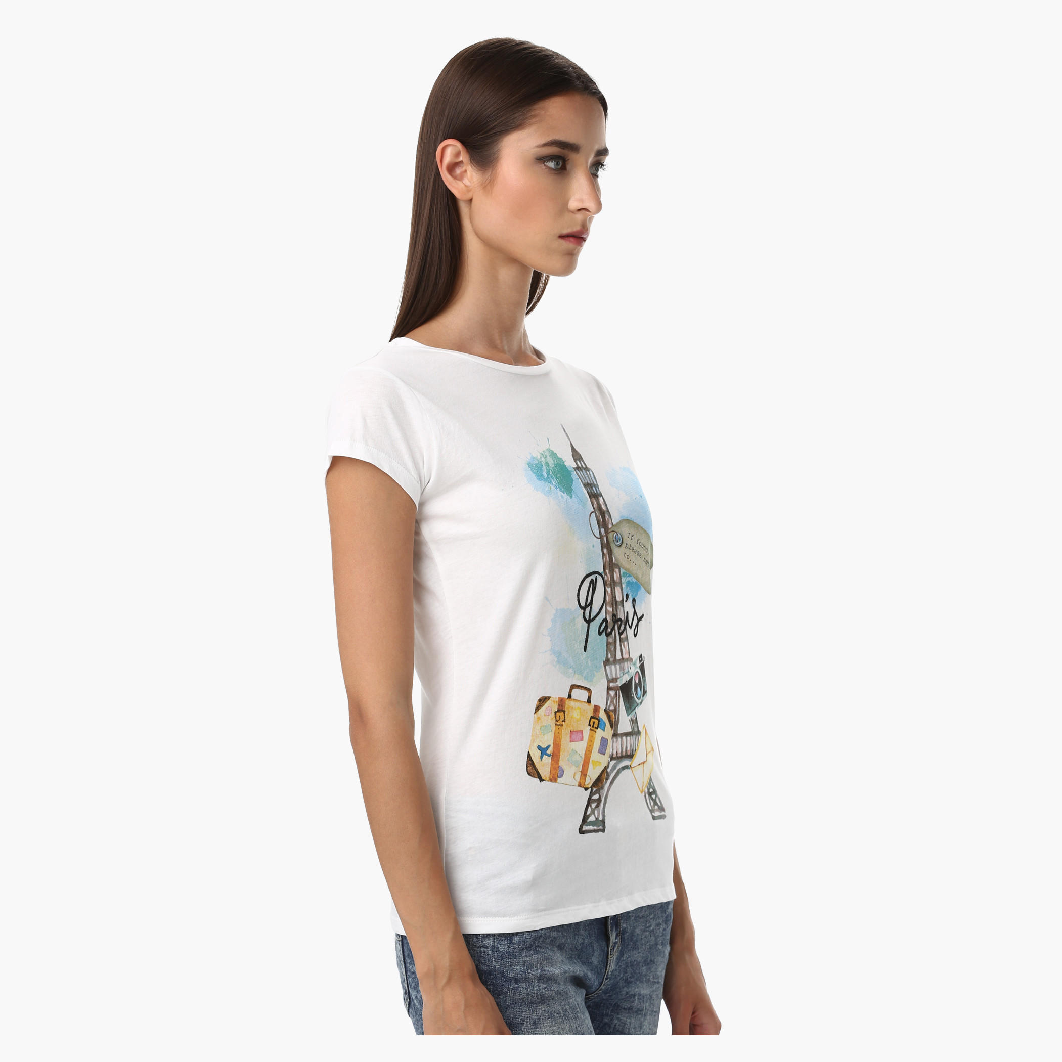Printed Cotton T-Shirt with Round Neck and Cap Sleeves-women-clothing-tshirts-image-3