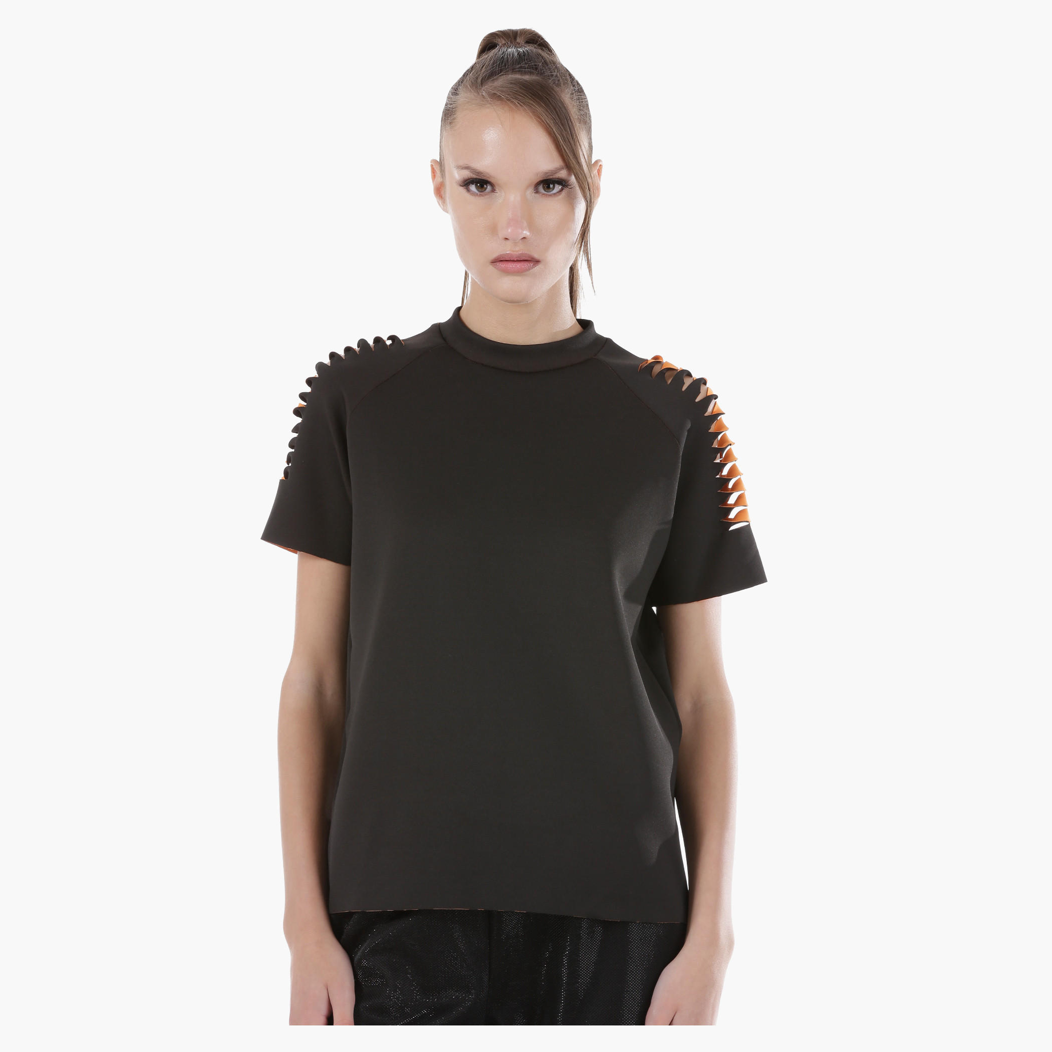 Bonded Top with Slit-Detailed Short Sleeves in Regular Fit-women-clothing-tshirts-image-1