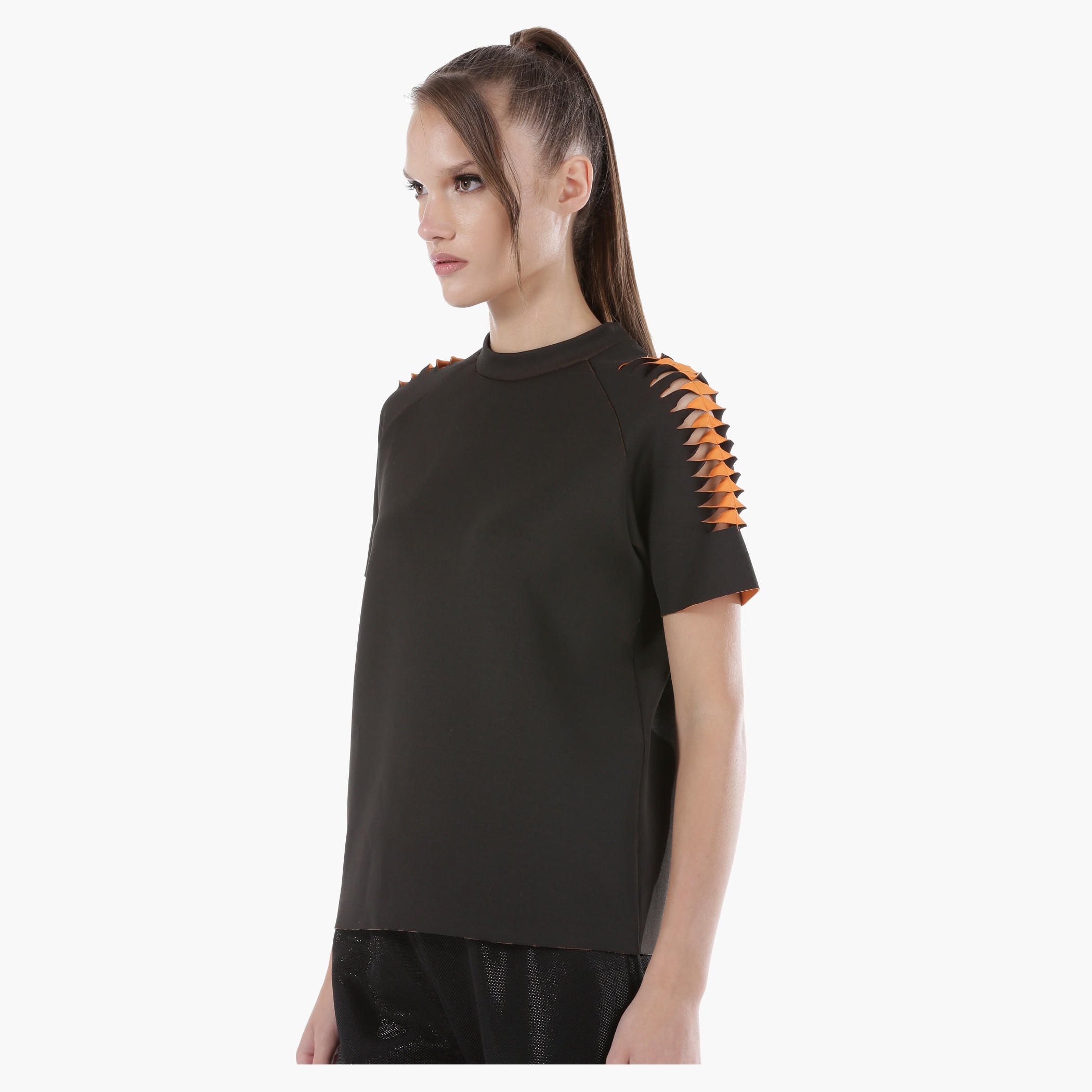 Bonded Top with Slit-Detailed Short Sleeves in Regular Fit-women-clothing-tshirts-image-3