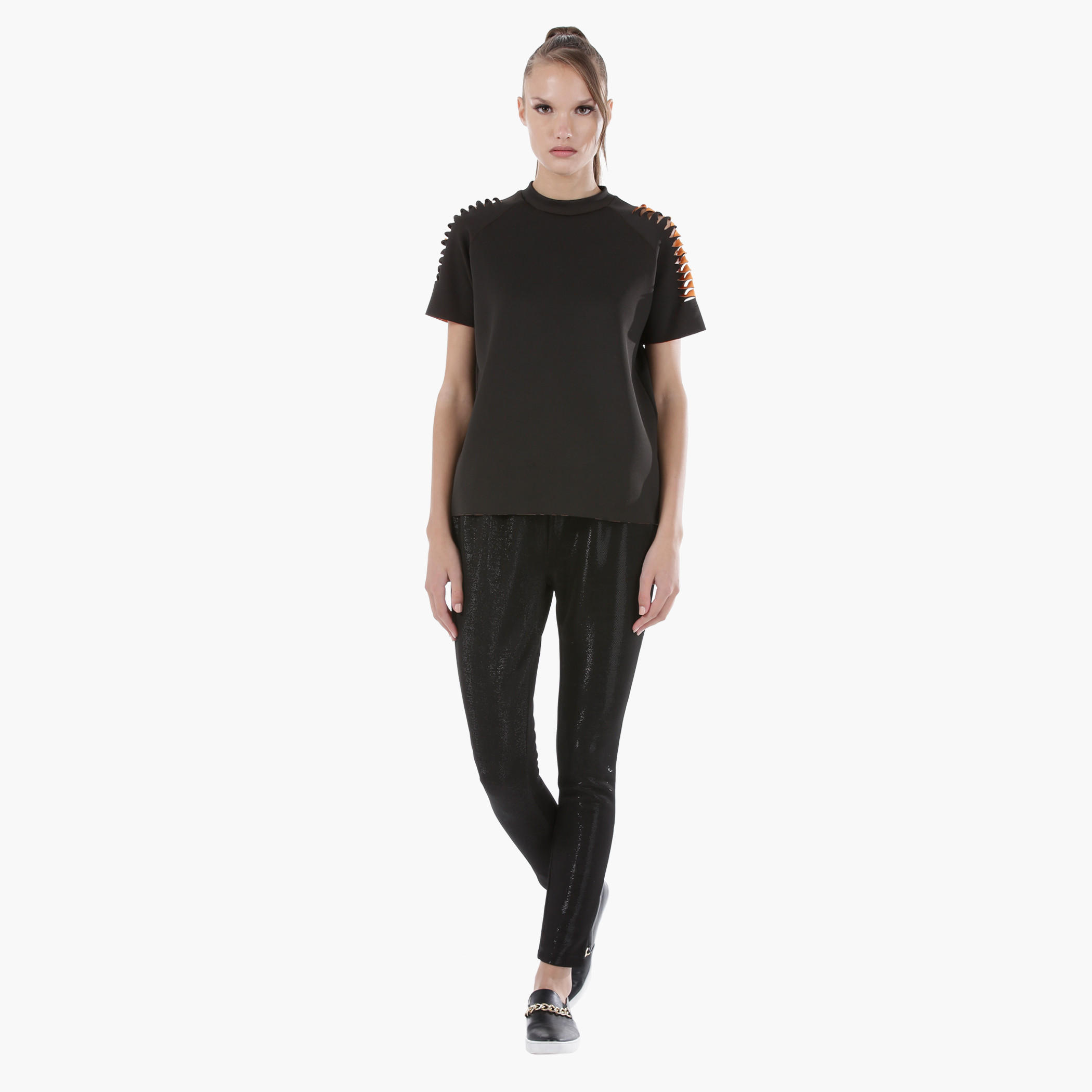 Bonded Top with Slit-Detailed Short Sleeves in Regular Fit-women-clothing-tshirts-image-5