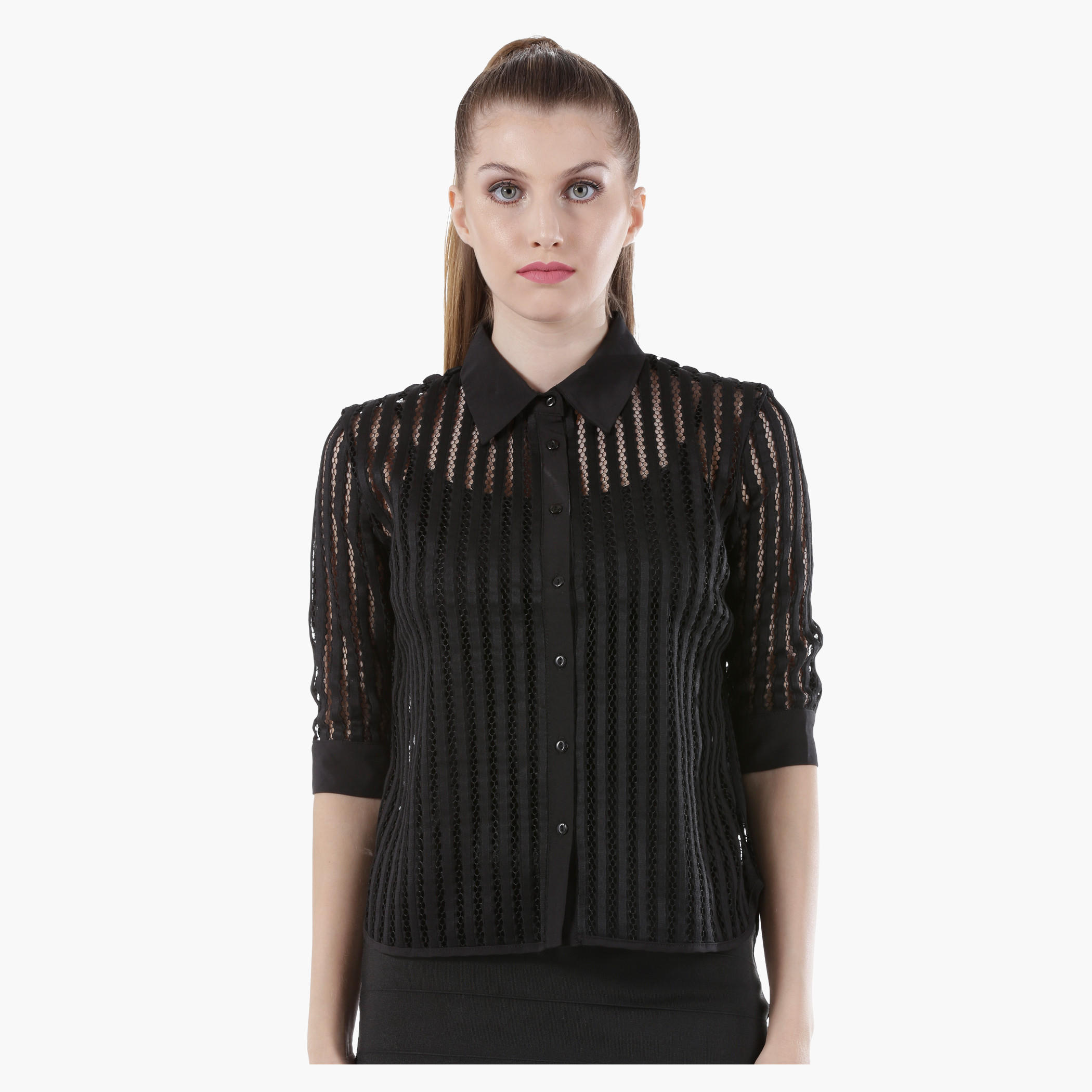Mesh Cropped Shirt with Collar Neck and 3/4th Sleeves in Regular Fit-women-clothing-shirtsandblouses-blouses-image-1
