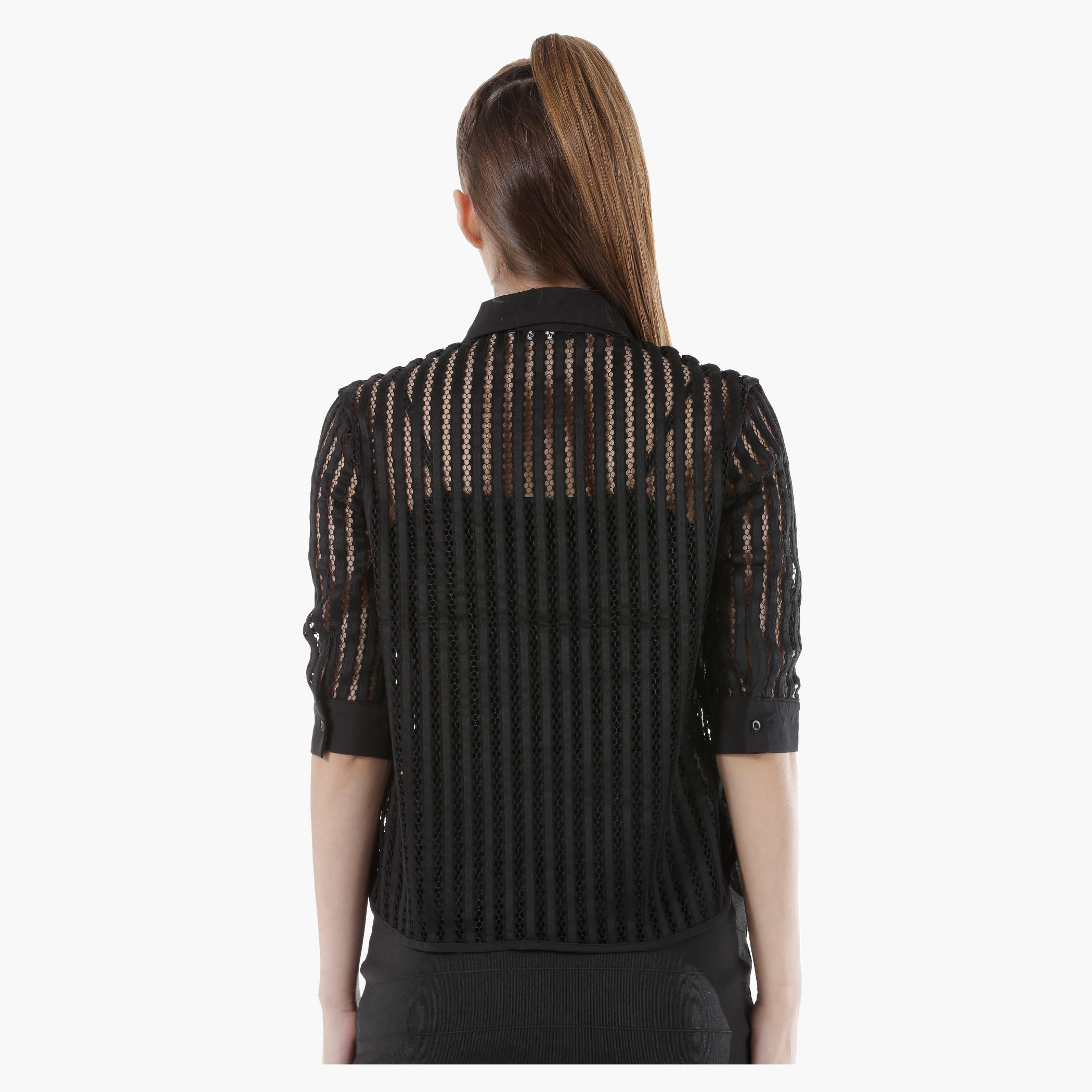 Mesh Cropped Shirt with Collar Neck and 3/4th Sleeves in Regular Fit-women-clothing-shirtsandblouses-blouses-image-2