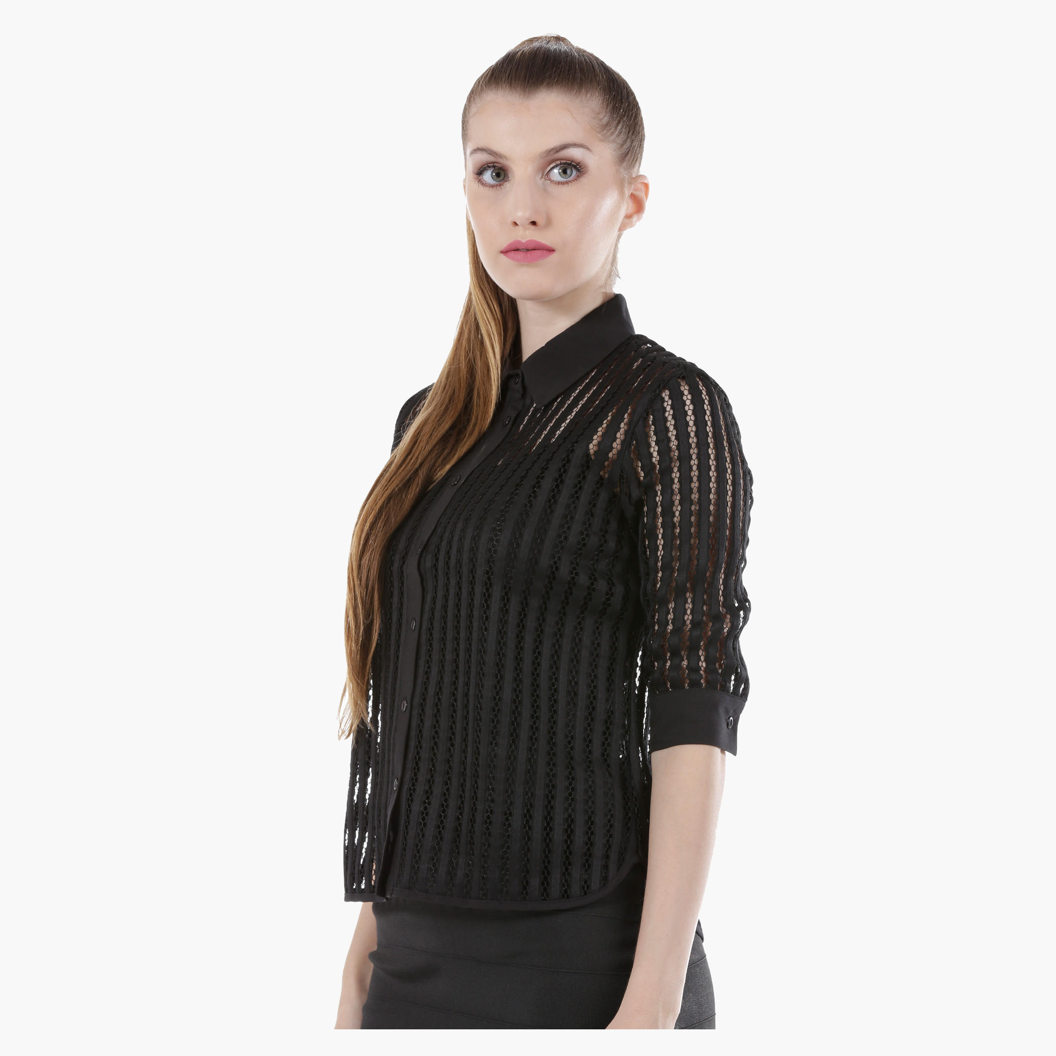 Mesh Cropped Shirt with Collar Neck and 3/4th Sleeves in Regular Fit-women-clothing-shirtsandblouses-blouses-image-3