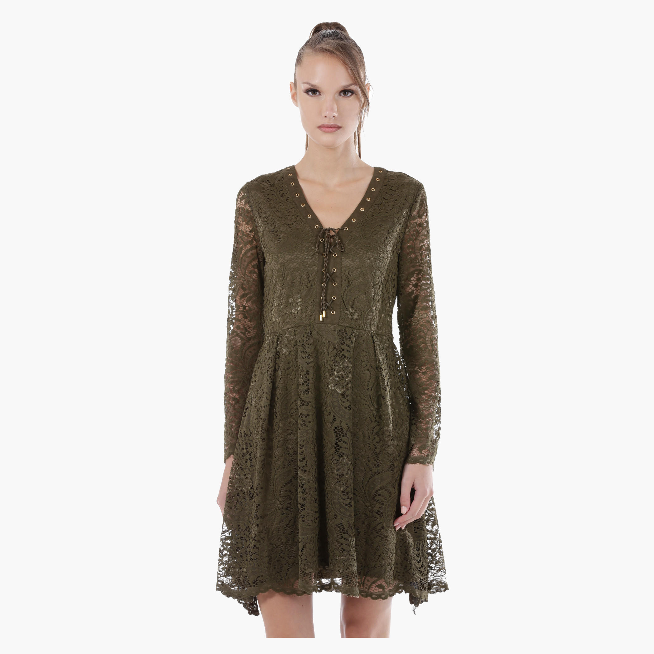 Fit and Flare Lace Dress with Tie-Up Front in Regular Fit-women-clothing-dresses-image-1