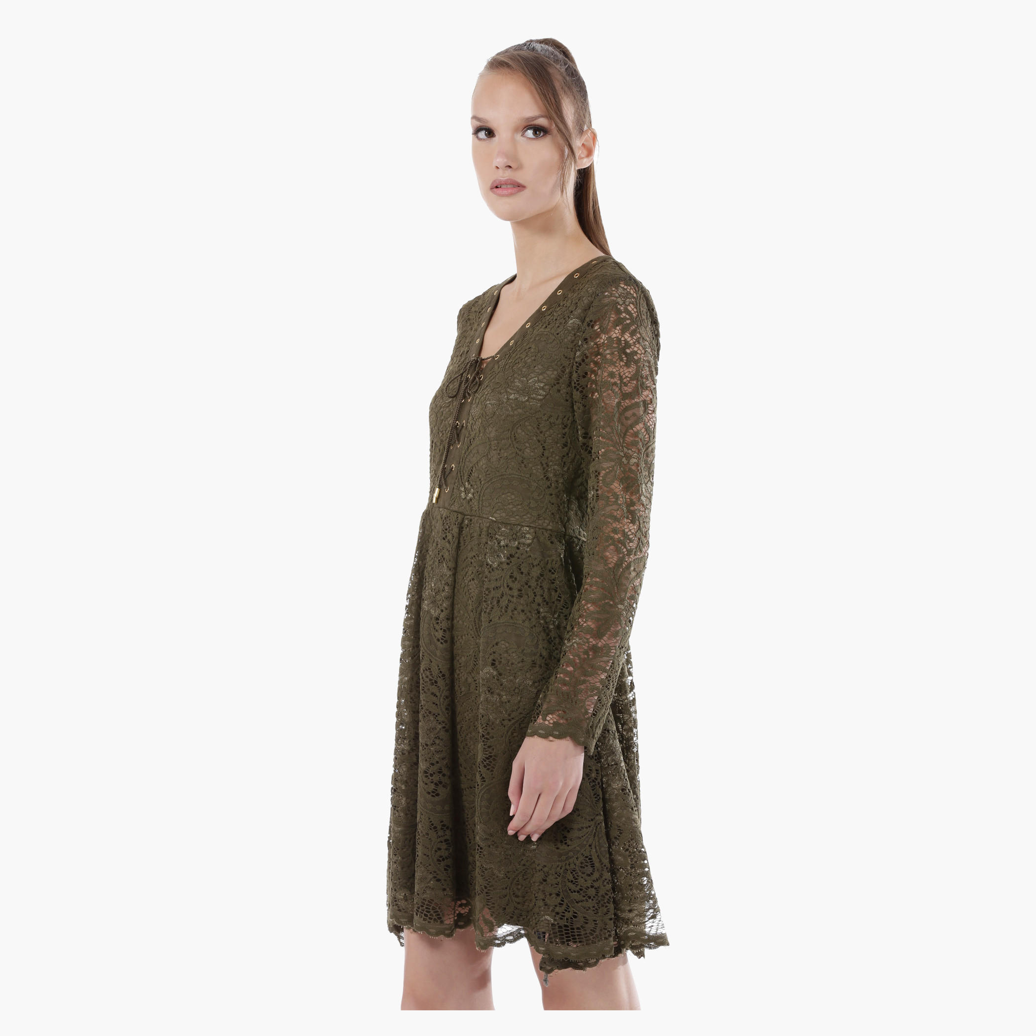 Fit and Flare Lace Dress with Tie-Up Front in Regular Fit-women-clothing-dresses-image-3