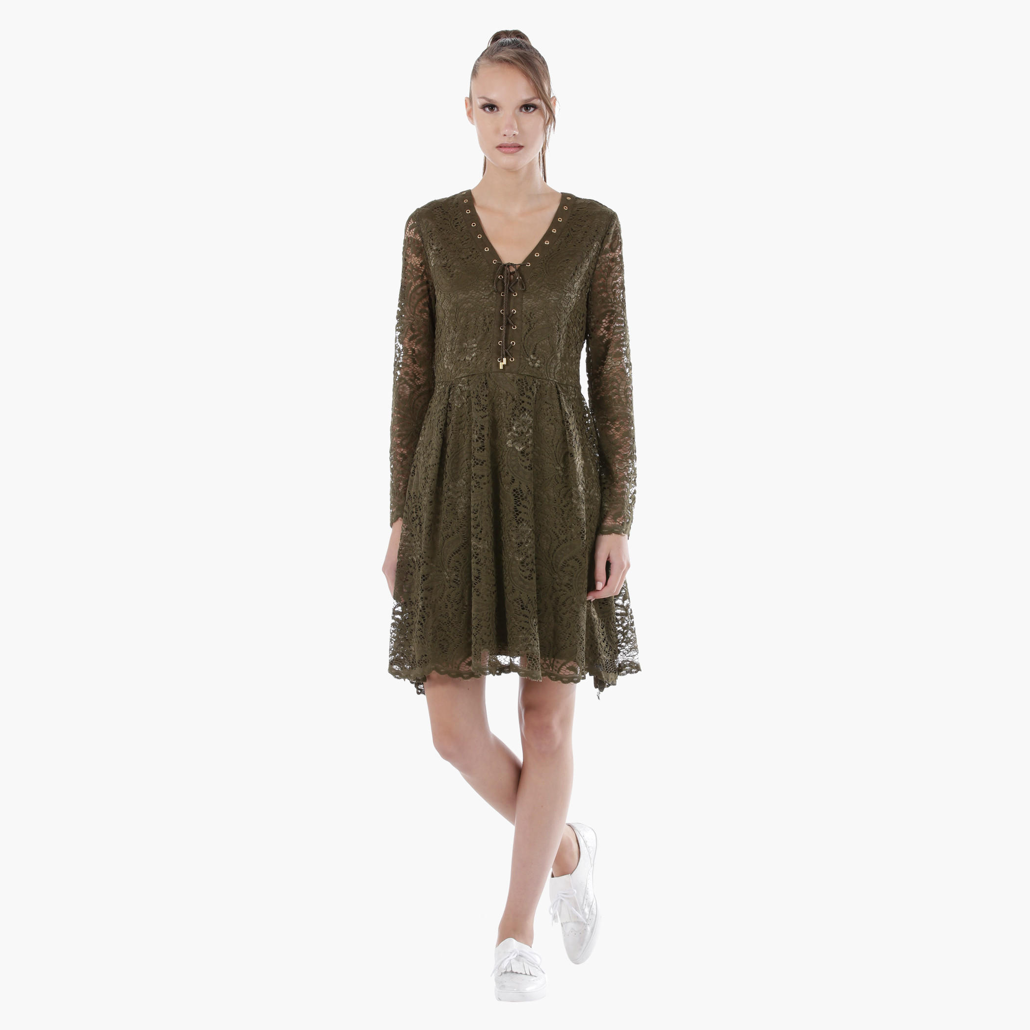 Fit and Flare Lace Dress with Tie-Up Front in Regular Fit-women-clothing-dresses-image-5