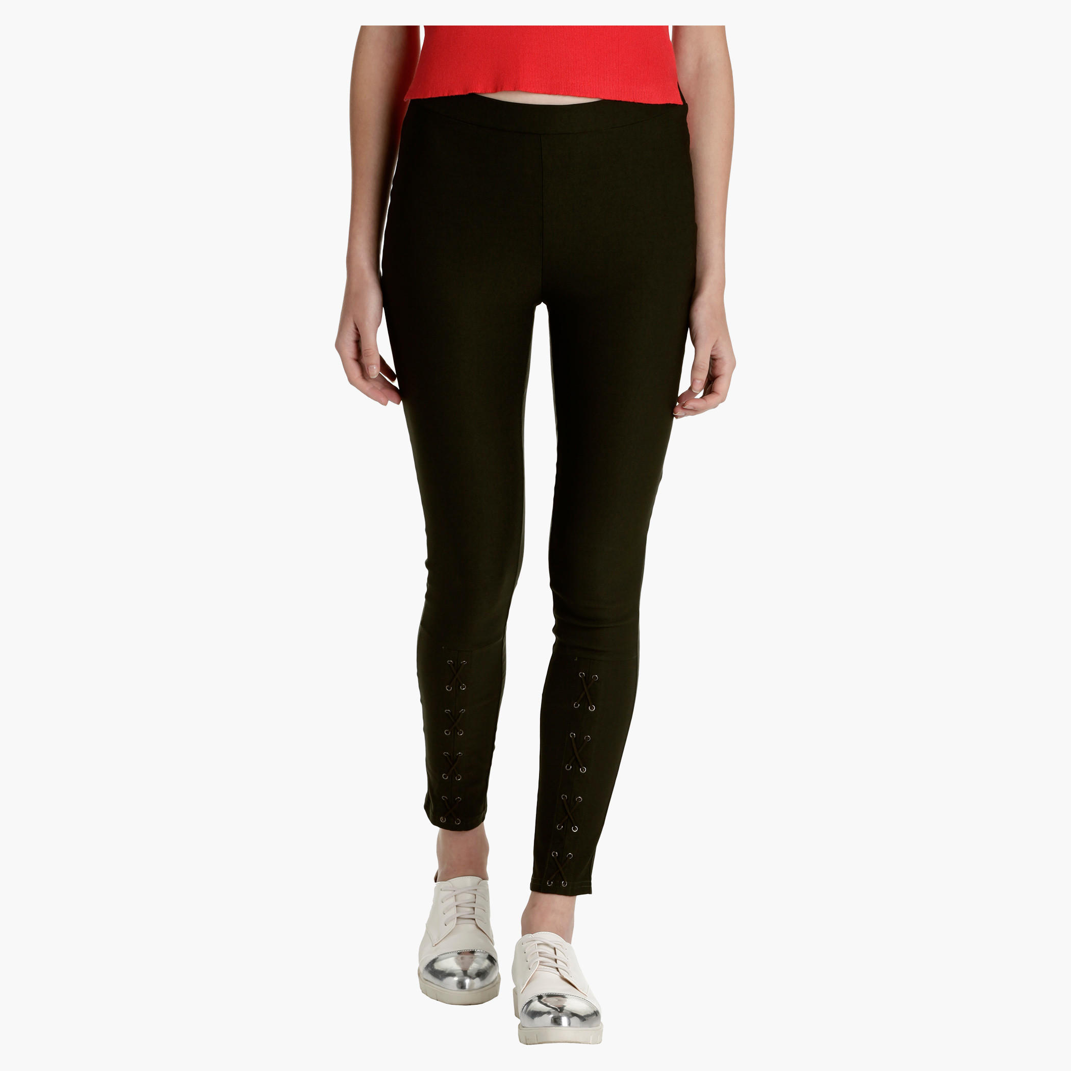 Slim Fit Pants with Lace Detail on Front-women-clothing-bottoms-leggings-image-1