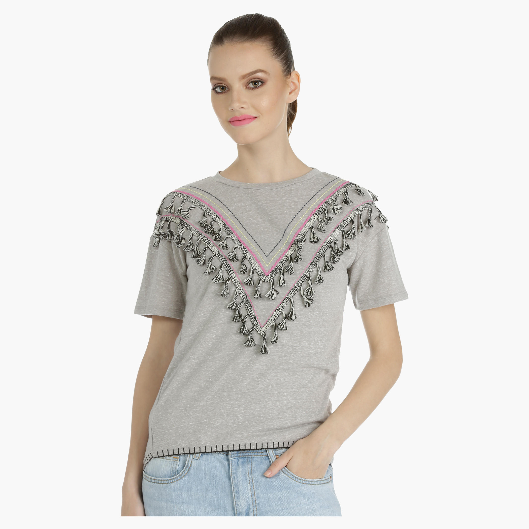 Embroidered T-shirt with Tassel Detailing-women-clothing-tshirts-image-1