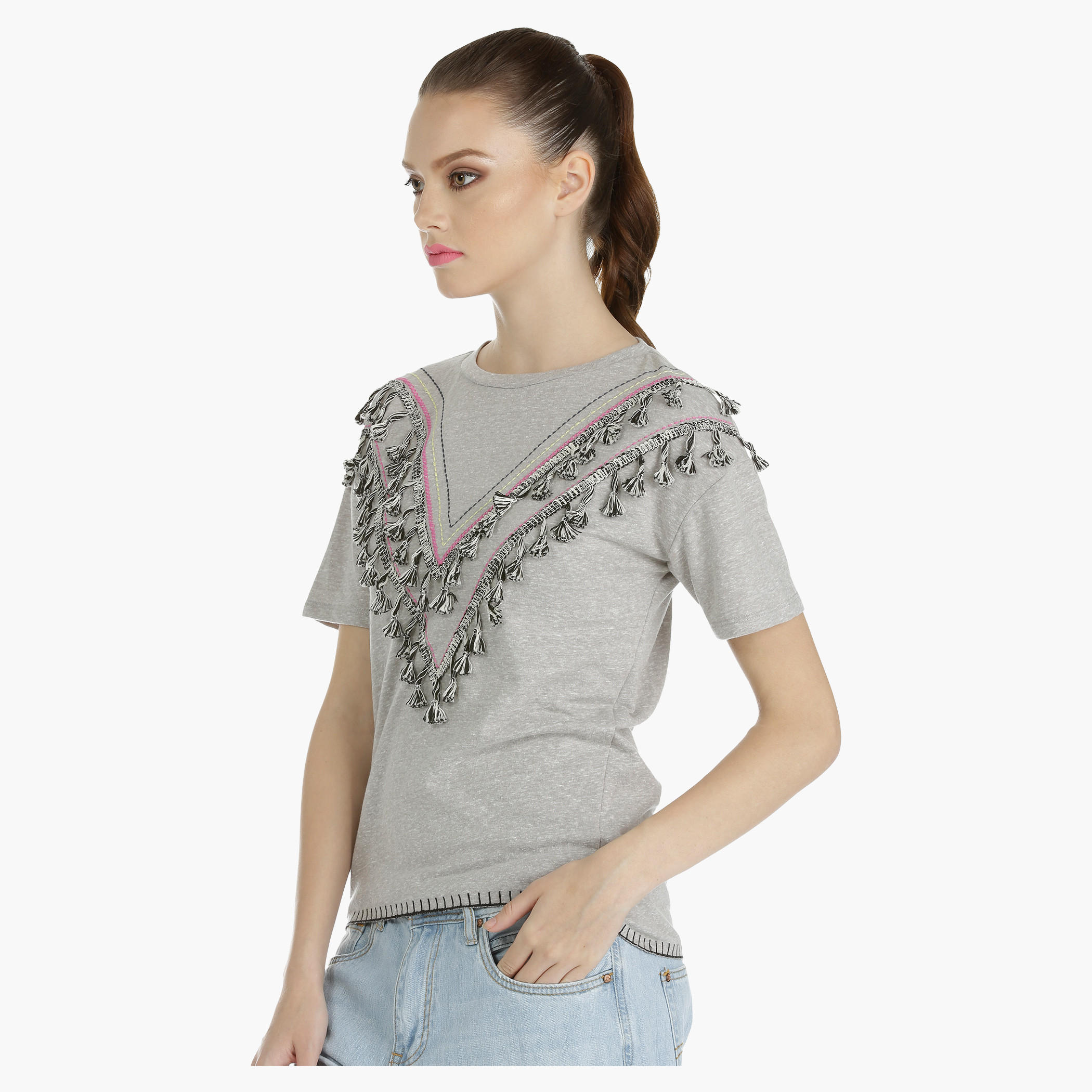 Embroidered T-shirt with Tassel Detailing-women-clothing-tshirts-image-3
