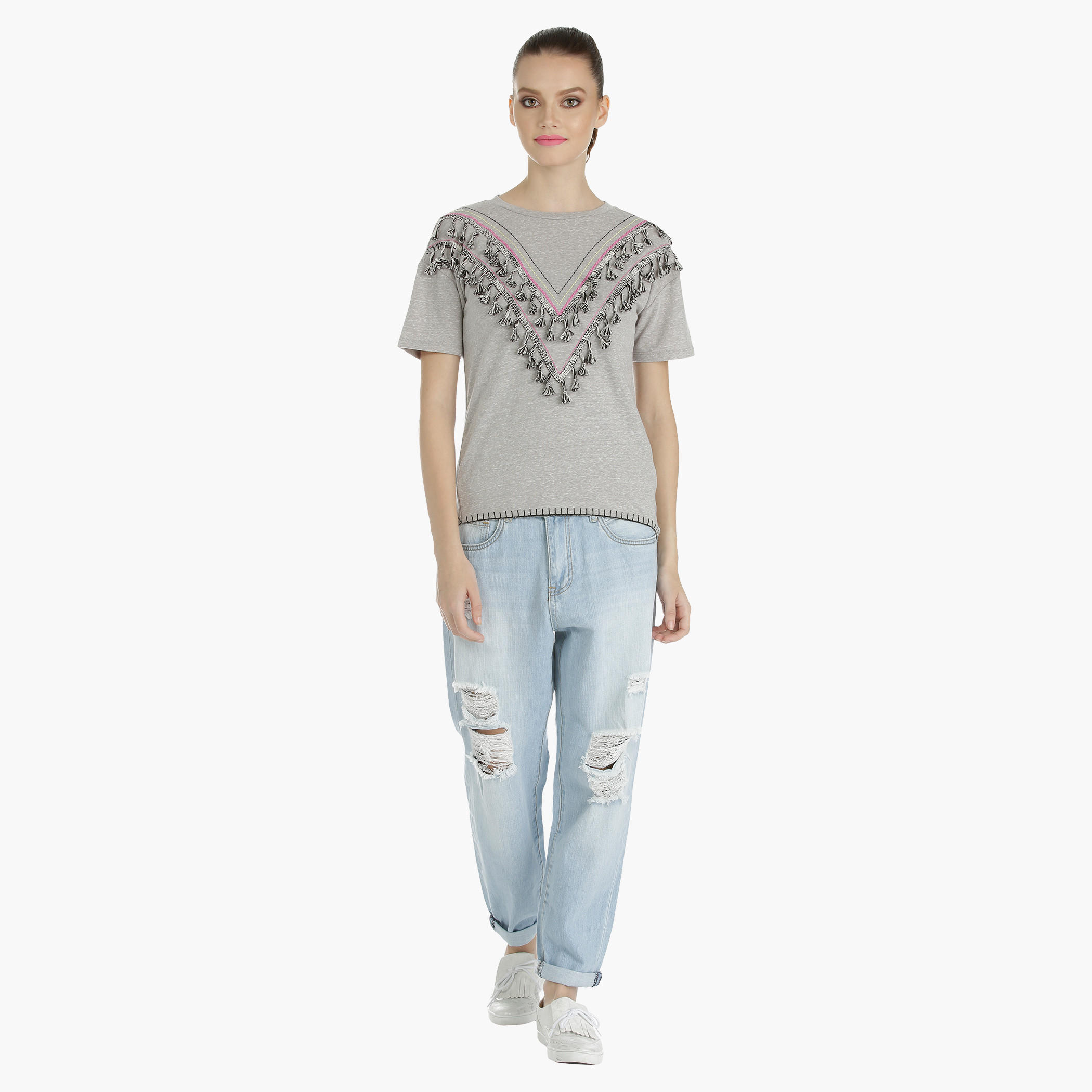 Embroidered T-shirt with Tassel Detailing-women-clothing-tshirts-image-5