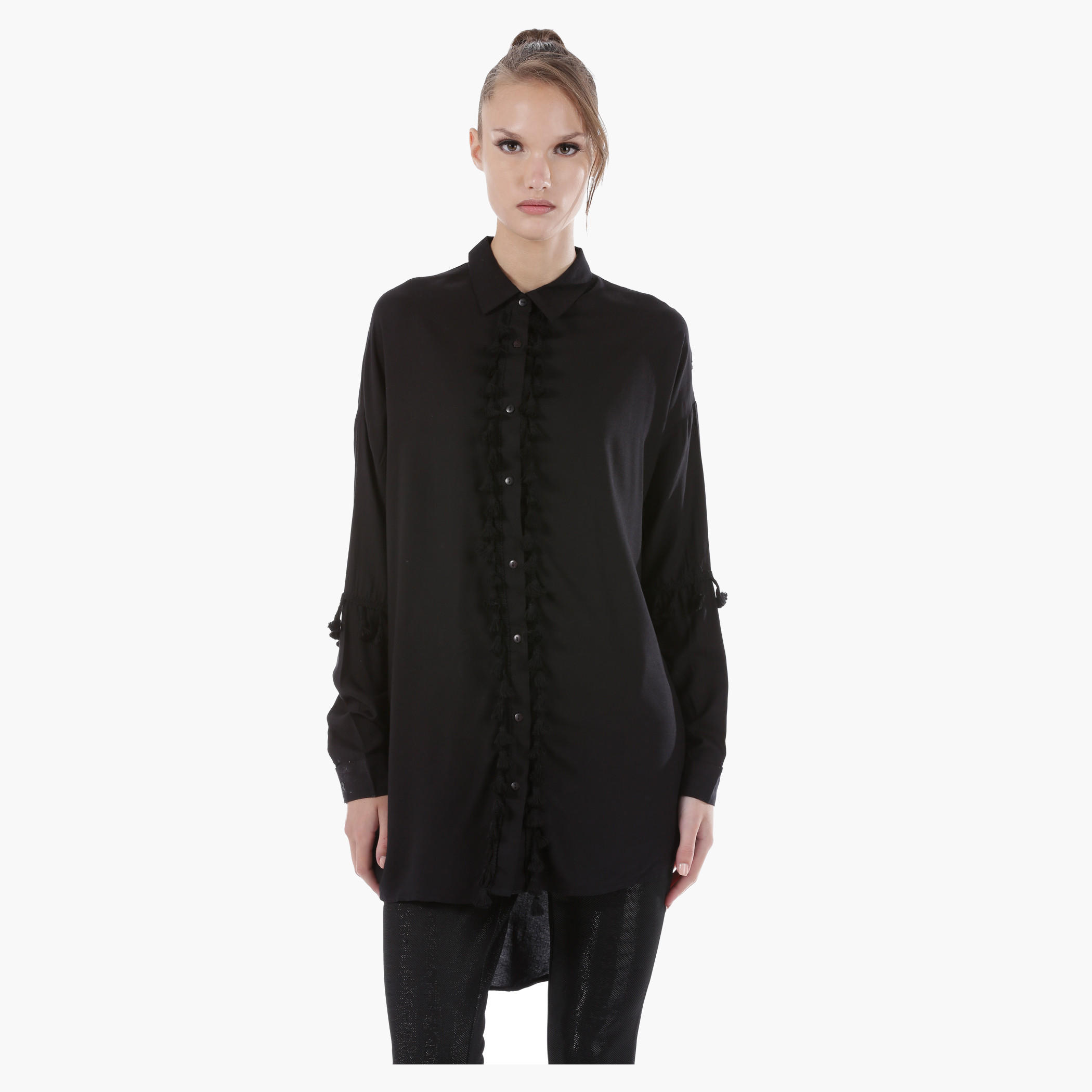Long Collared Shirt with Pom Pom Details and Long Sleeves in Regular Fit-women-clothing-shirtsandblouses-blouses-image-1