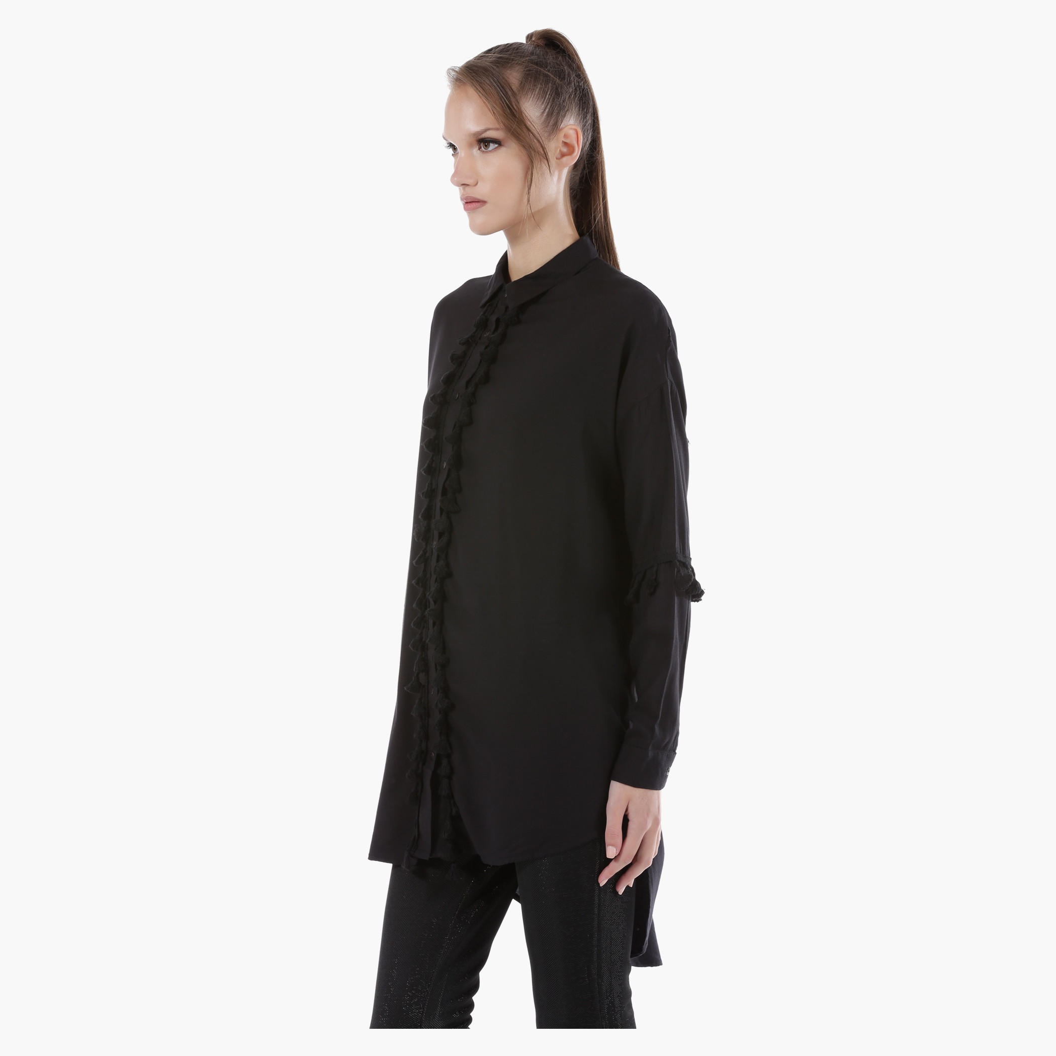 Long Collared Shirt with Pom Pom Details and Long Sleeves in Regular Fit-women-clothing-shirtsandblouses-blouses-image-3