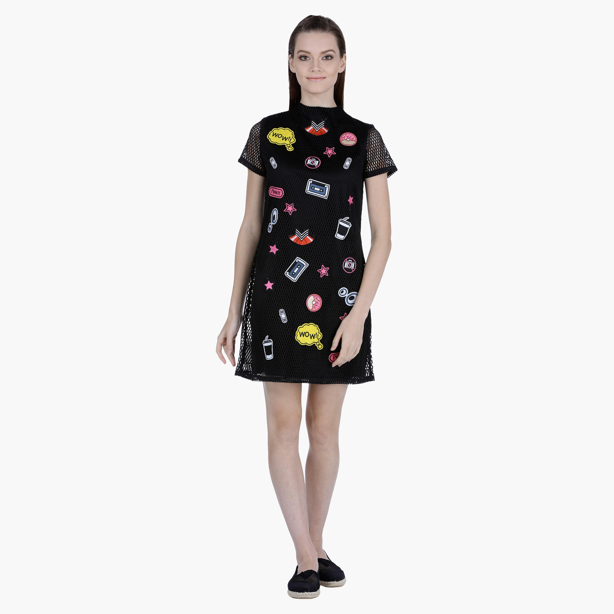 Embroidered Shift Dress with Mesh Detail-women-clothing-dresses-image-5