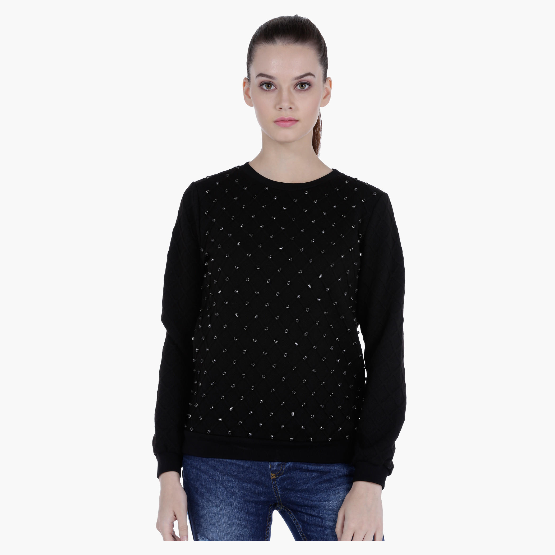 Quilted Sweatshirt with Embellishments and Long Sleeves-women-winterwear-hoodiesandsweatshirts-sweatshirts-image-1