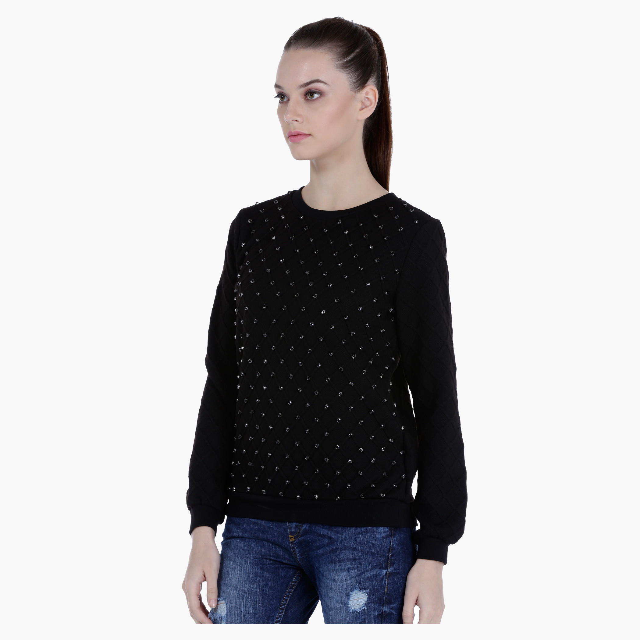 Quilted Sweatshirt with Embellishments and Long Sleeves-women-winterwear-hoodiesandsweatshirts-sweatshirts-image-3