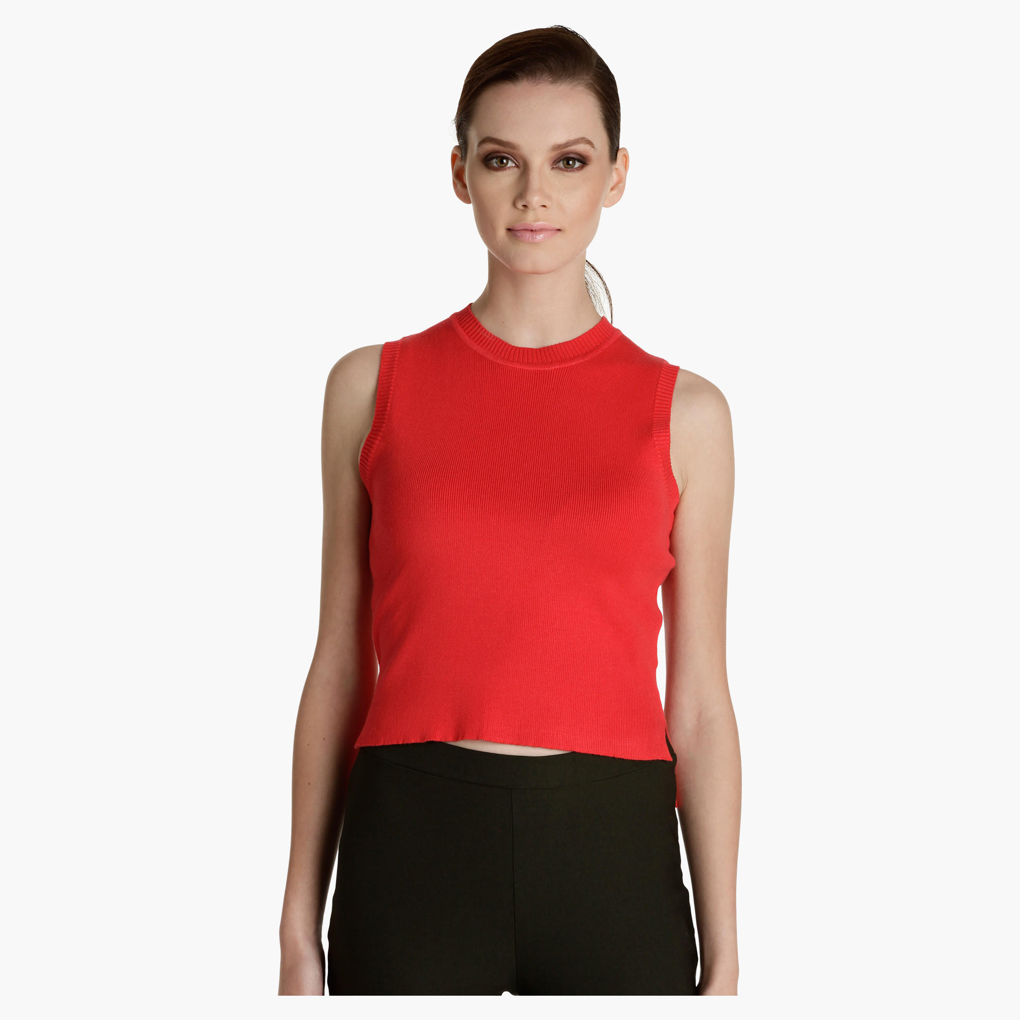 Sleeveless Knitted Top with High Low Hem-women-clothing-tshirts-image-1